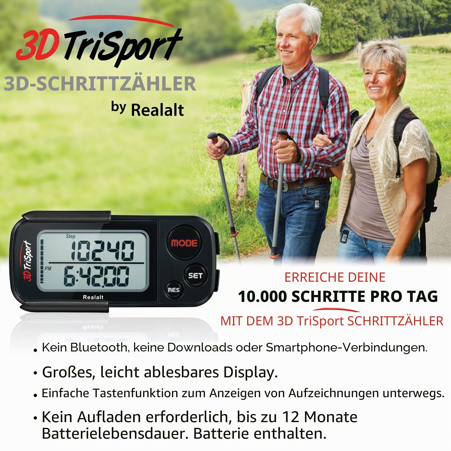 Realalt 3DTriSport 3D-Schrittzähler mit Clip & Gurt, inklusive eBook | 30-Tage-Speicher, präziser Schrittzähler, Gehstrecke in Meilen/km, Kalorienzähler, tägliche Trainingszeitüberwachung