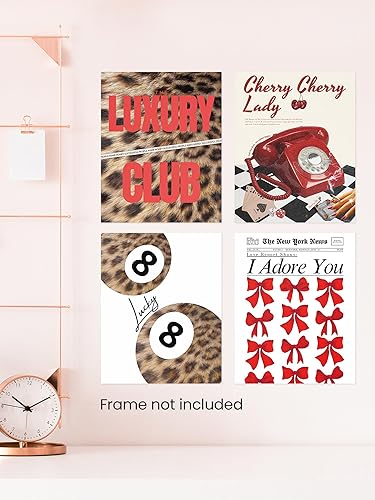 Miniatura 4 de Juego de 4 impresiones artísticas de pared de 8 bolas de la suerte con estampado retro de los años 70, diseño de leopardo y cereza roja de los años