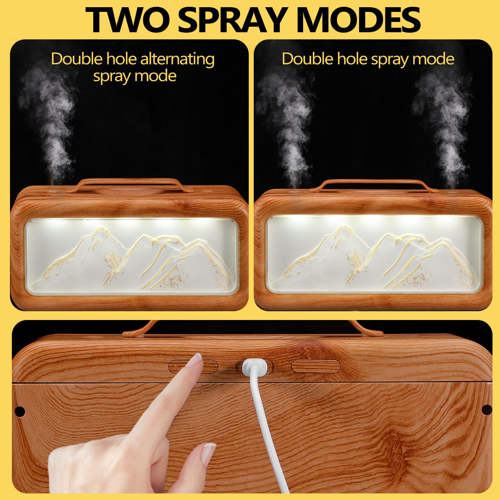 Humidificador Portátil para Dormitorio Diseño de Vetas de Madera y Escena de Montaña, Capacidad de 600 Ml, Decorativo y Silencioso para Uso Personal