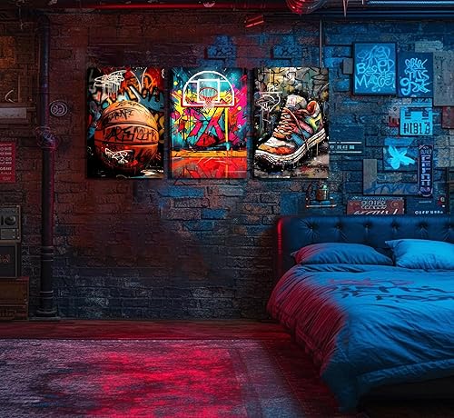 Miniatura 4 de 3 piezas de lienzo de graffiti de baloncesto, arte de pared retro abstracto, graffiti adolescente, decoración de pared, cuadros de cancha de