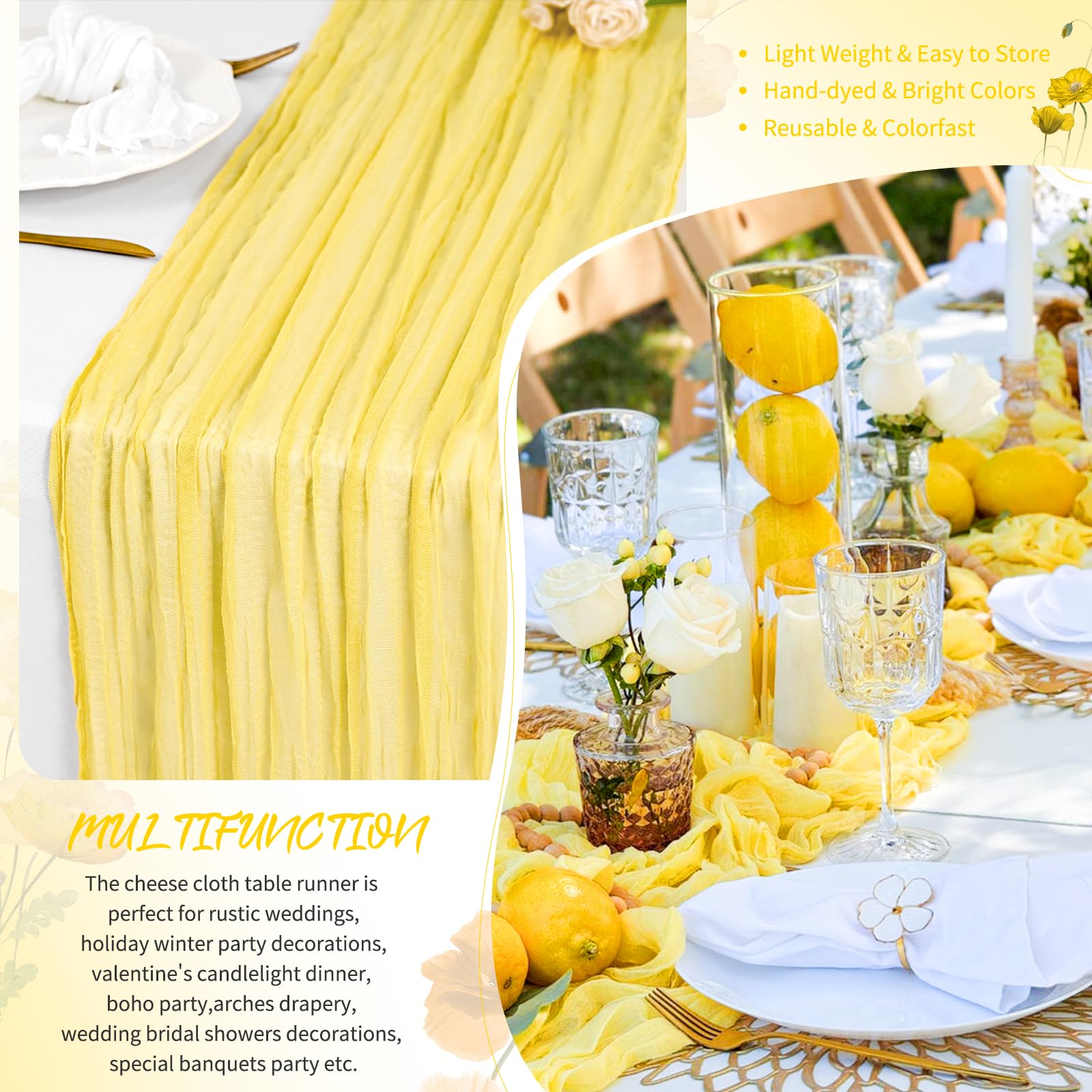 Showgeous Set da 16 Runner da Tavola in Garza Giallo chiaro 45x275cm Runner da Tavola in Garza Stile Boho Romantici e Rustici Decorazioni Trasparenti per Matrimoni Baby Shower Compleanni Feste Casa