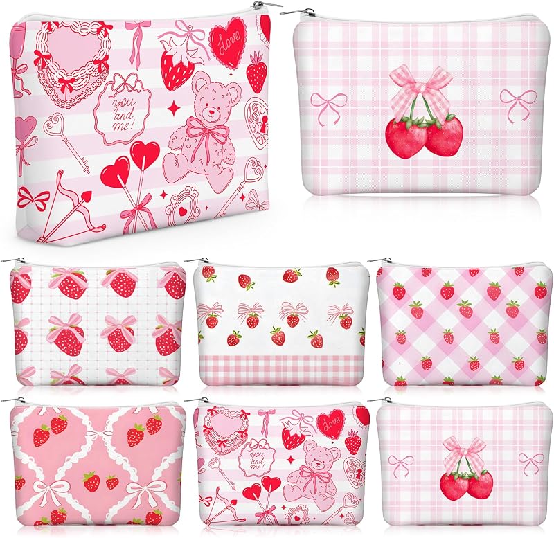 Kacctyen 6 Necessaires de maquiagem rosa com estampa de morango e laço