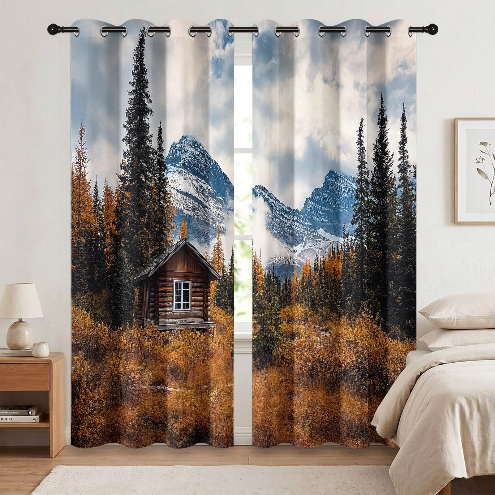 Rideaux Occultants Paysage Montagne 75L X 166H cm (2 Panneaux), Isolation Thermique Fixation par Oeillets Montagnes Enneigées Prairie pour Salle De Séjour, Marron