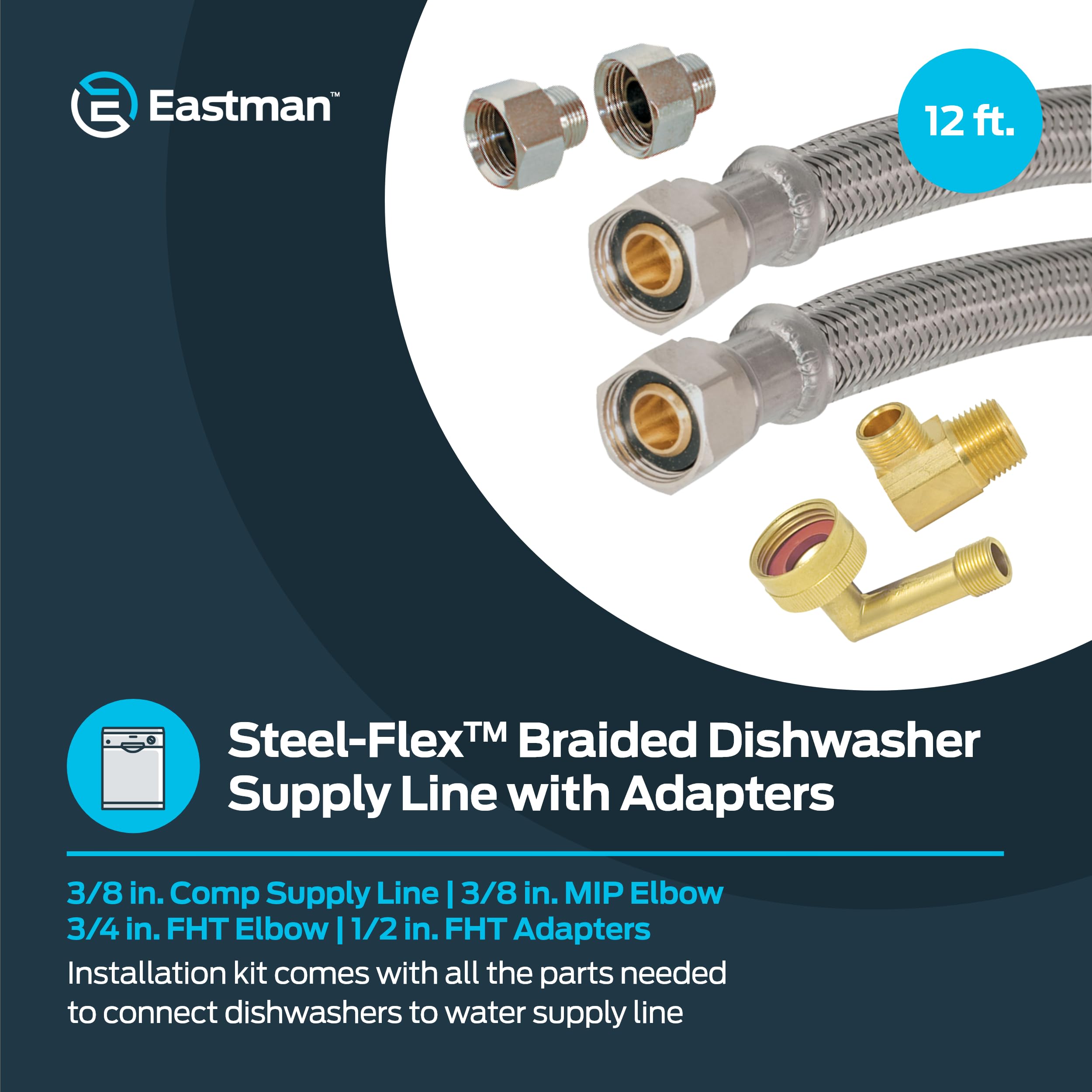 Eastman 69008 Línea de suministro de lavavajillas trenzada de acero inoxidable, 12 pies de longitud