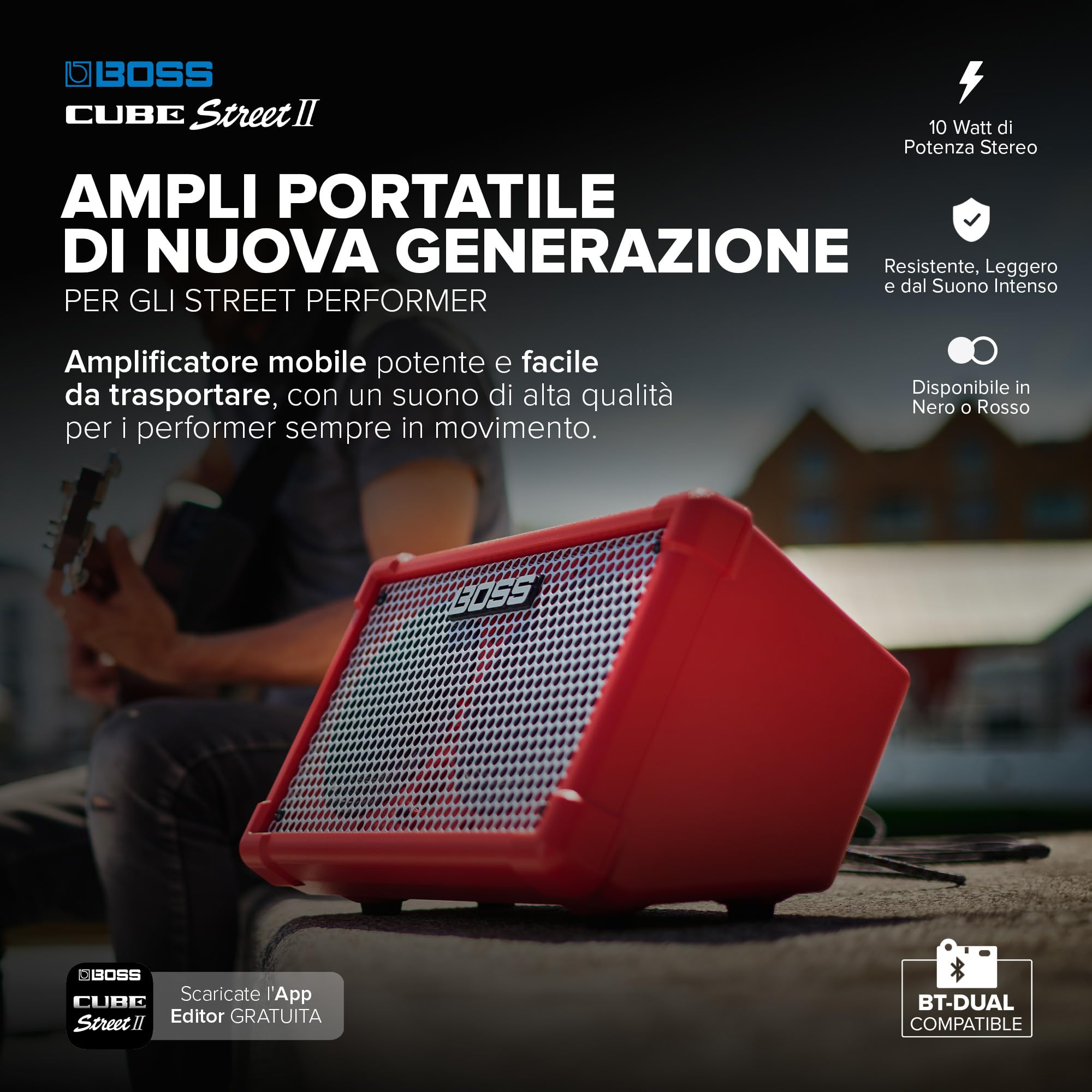 BOSS CUBE Street II | Amplificatore stereo portatile a batterie | Suono di alta qualità | Ideale per gli street performer | Supporta microfoni, strumenti e dispositivi audio | Rosso