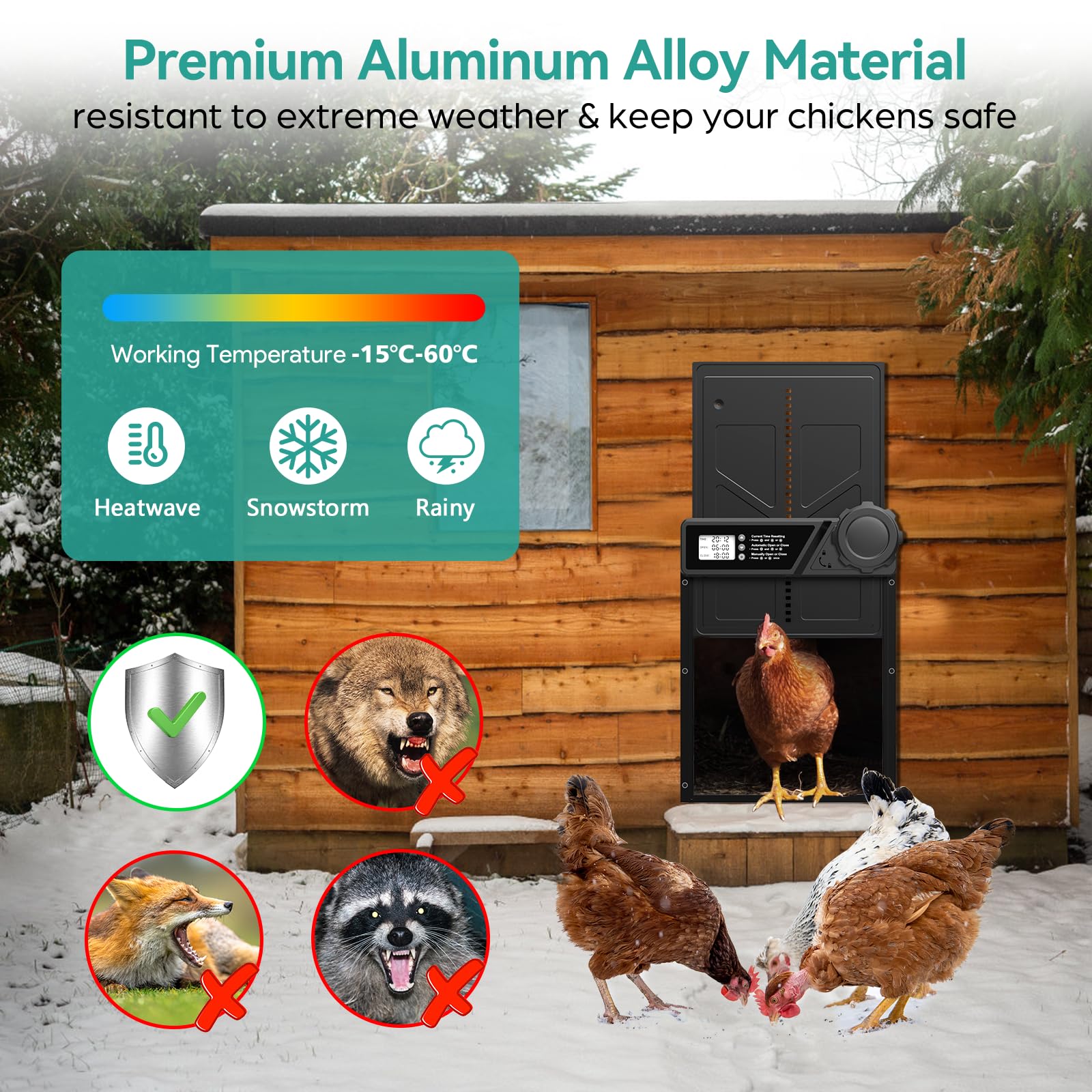 Grande porta automatica per pollaio a batteria, porta automatica pollaio in alluminio con timer, funzione anti-pizzico, schermo LCD impermeabile, per galline, anatre e oche
