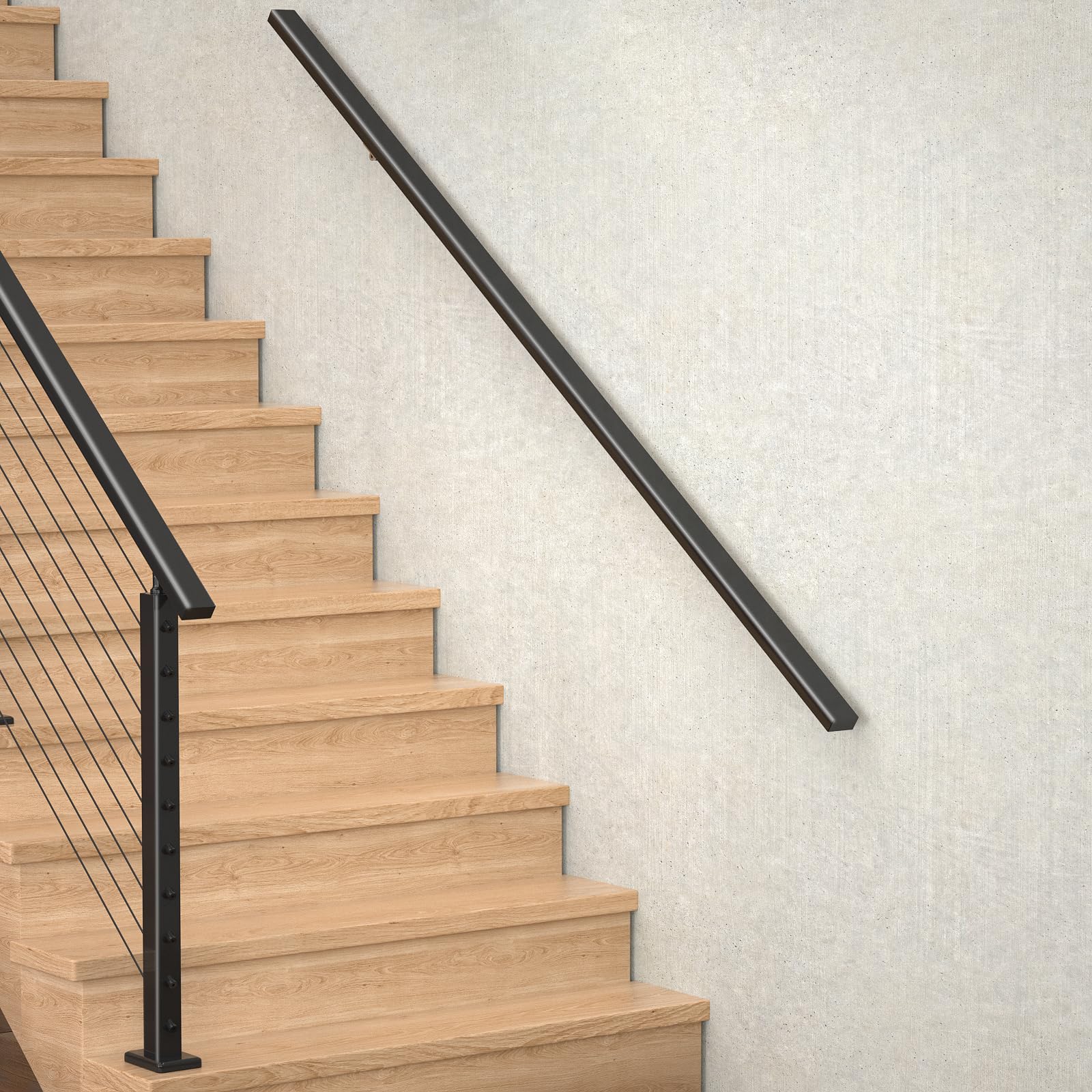 Muzata 10Ft Predrilled Stair Handrail 1"x2" Rectangular Black Finish Wall Mounted Handrail