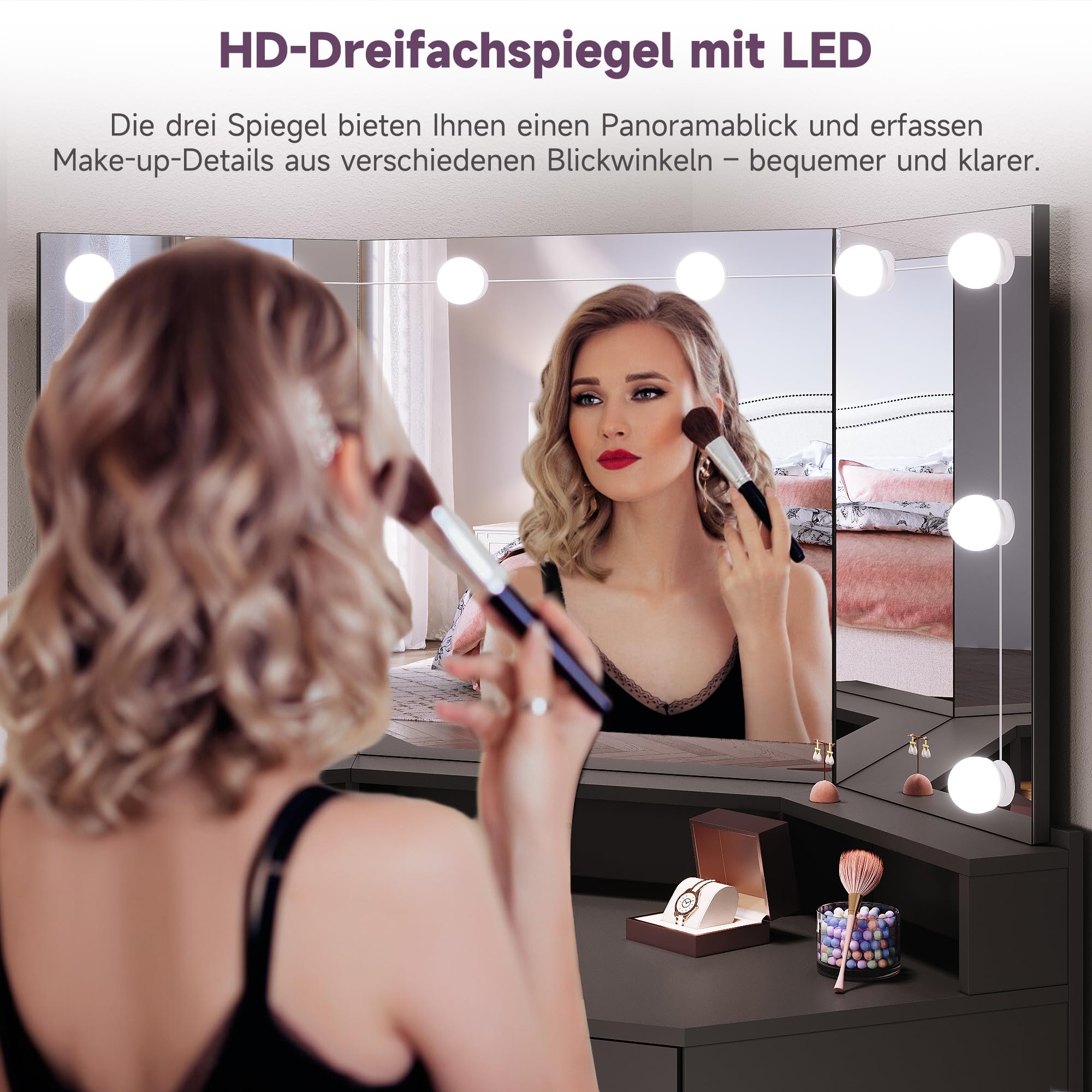 SONNI Eck Schminktisch mit Dreifachspiegel & 3-Farben LED Beleuchtung, 110x54x141.5cm, Kosmetiktisch mit Schubladen, Auszugsschrank, Regale, 3 Offene Fächer, Frisiertisch für Schlafzimmer, Schwarz