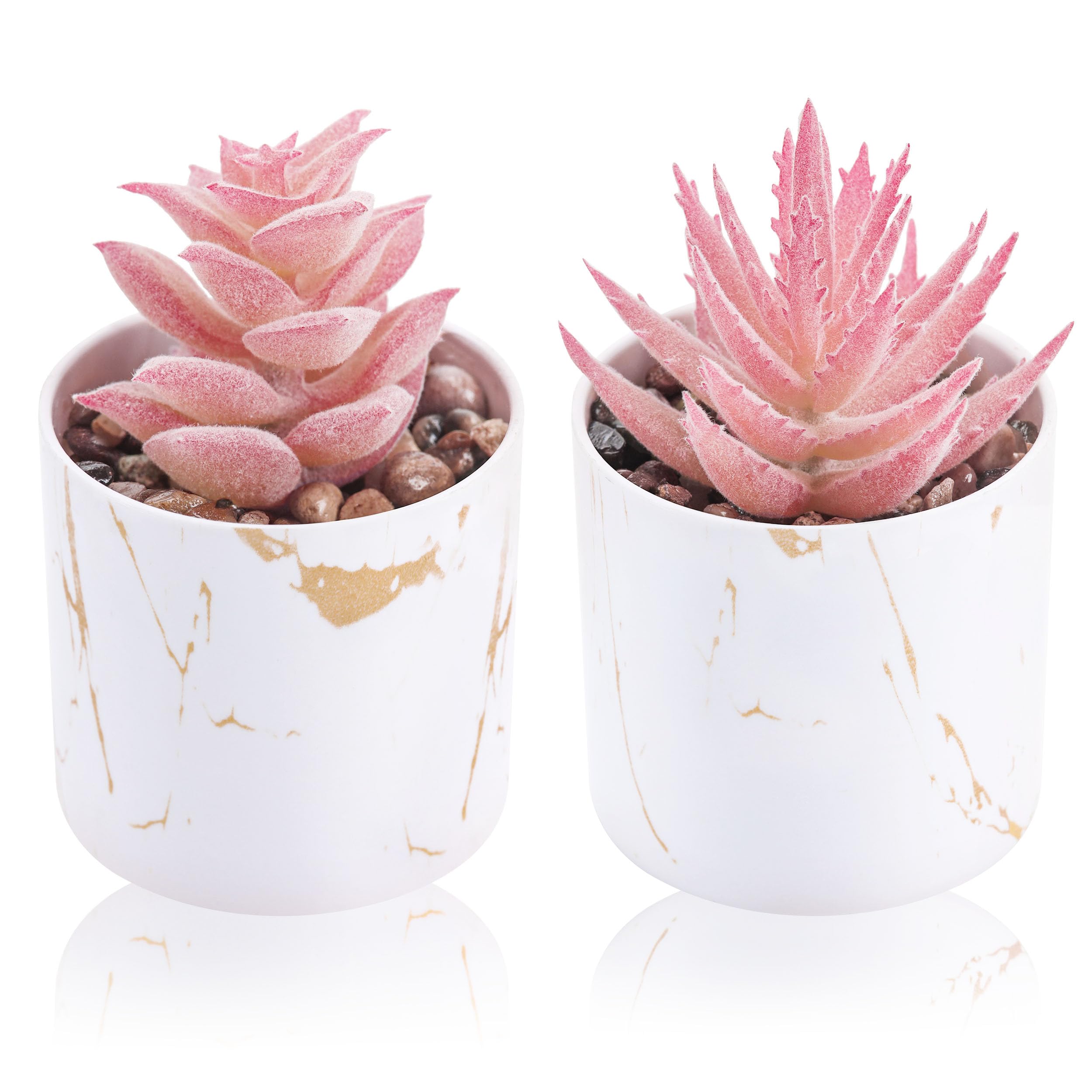 Faux succulents in marble pots