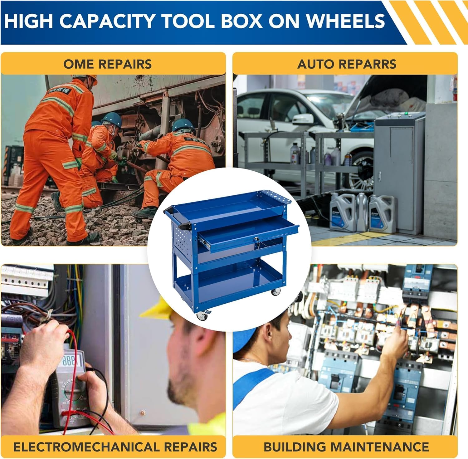 SUN & SUMMER 3-Tier Rolling Tool Cart with Wheels, Rolling Tool Chest 330 LBS Capacity Heavy Duty Utility Industrial Service Cart with Locking System Drawer for Garage, Warehouse, Repair Shop (Blue)