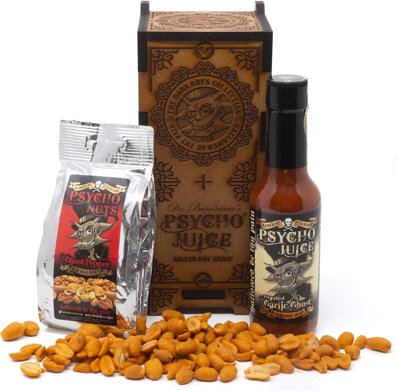 Psycho Juice Dark Arts Wooden Chilli Sauce & Nuts Gift Set Roasted