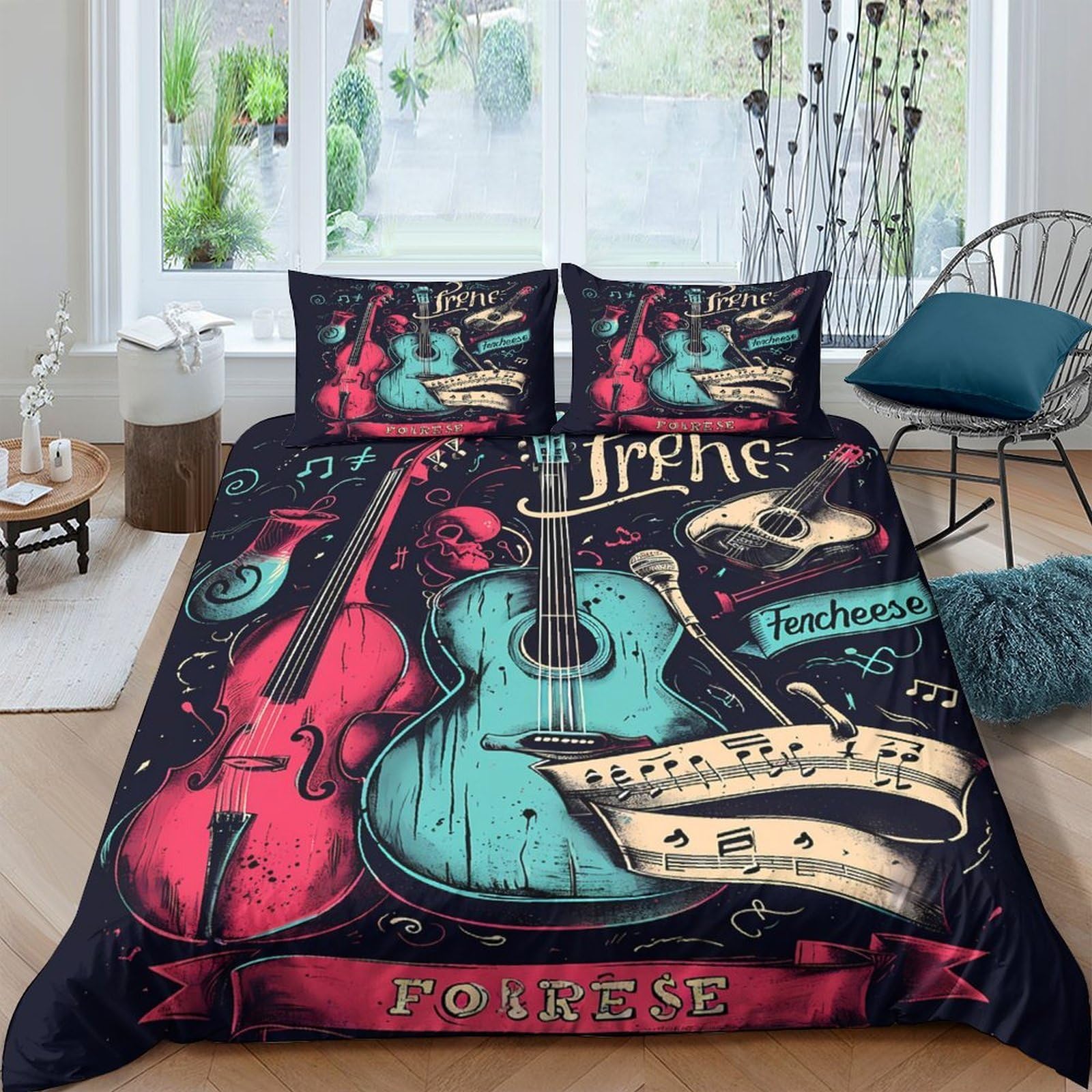 Ctjqhvkz Style-7 3D Printed Music Guitar Fitted Sheet Microfiber Soft Artistic Violin Bed Cover For Bedroom Dorm Mattress Protection Decor Single（135X200cm）