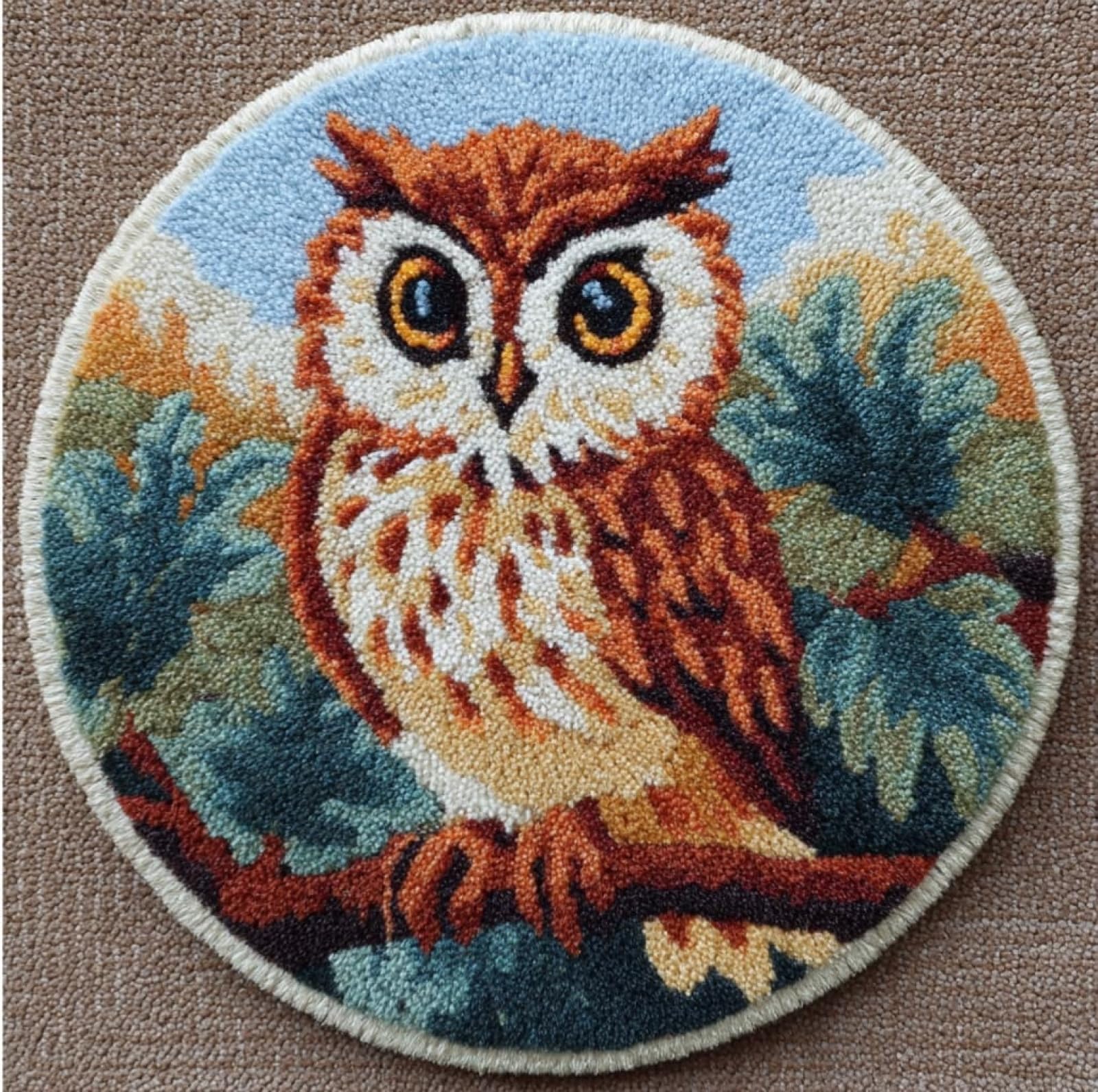 WallustrioaW DIY Latch Hook Kits-Pre Printed Pattern Rug,Owl on a Branch,Latch Hook Rug Kits for Kids and Adults Beginner Home Decor Gifts,50x50cm