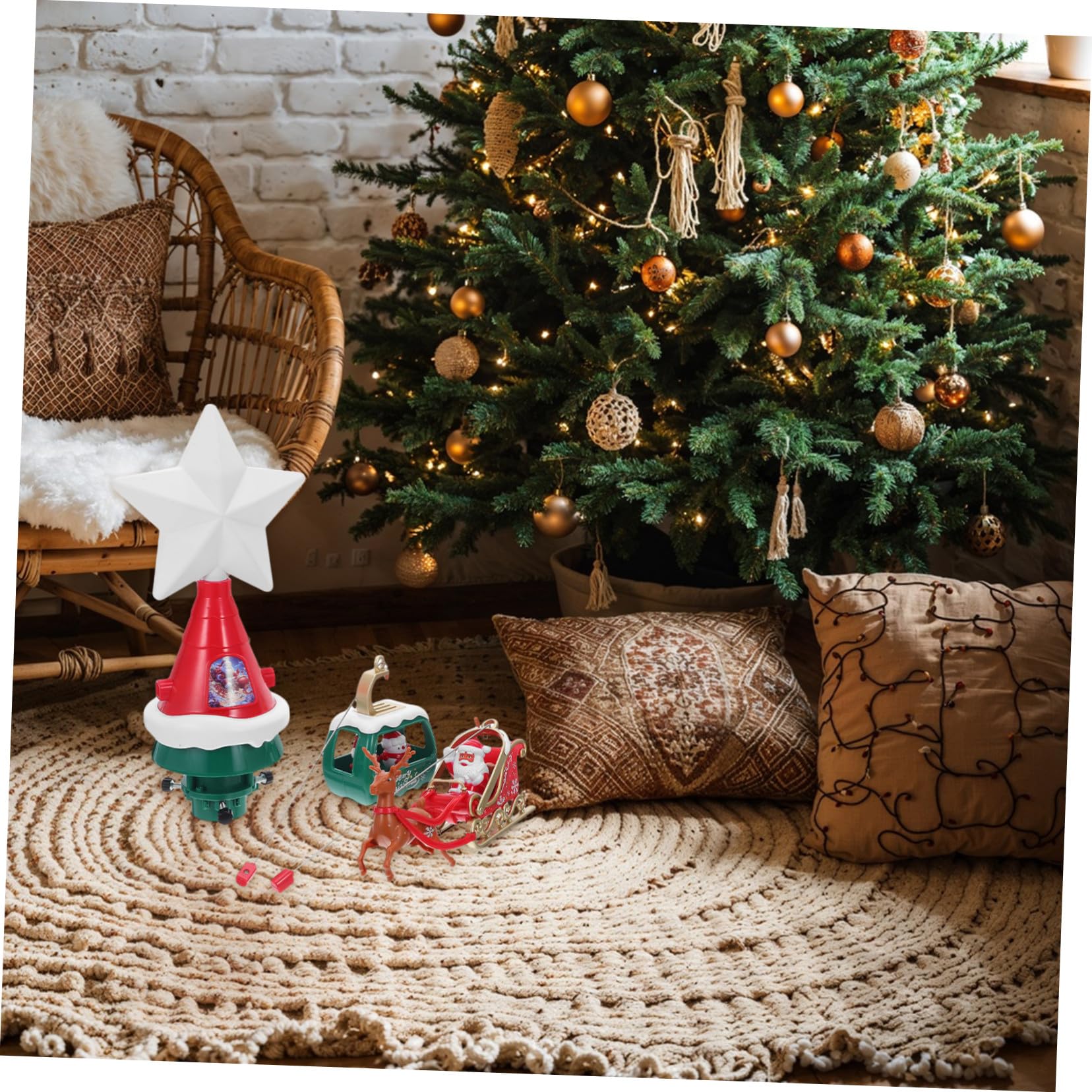 NUOBESTY Puntale Stella Albero di Natale LED Rotante con Slitta di Babbo Natale e Pupazzi di Stella Illuminata per Albero Decorazione Musicale per Festa Natalizia all Aperto e Casa