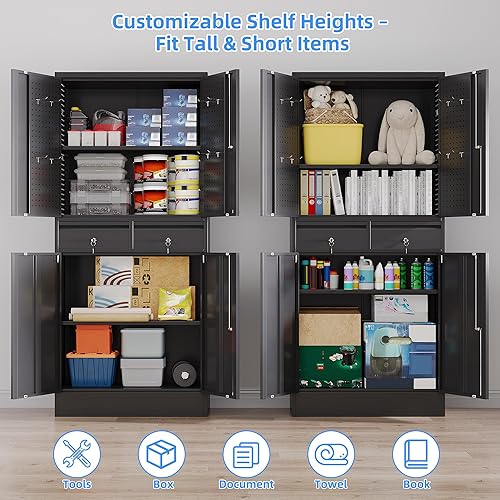 Miniatura 4 de Armario de almacenamiento de metal para garaje con pedboard y estantes ajustables, armario de almacenamiento de herramientas rodante con 4 ruedas y