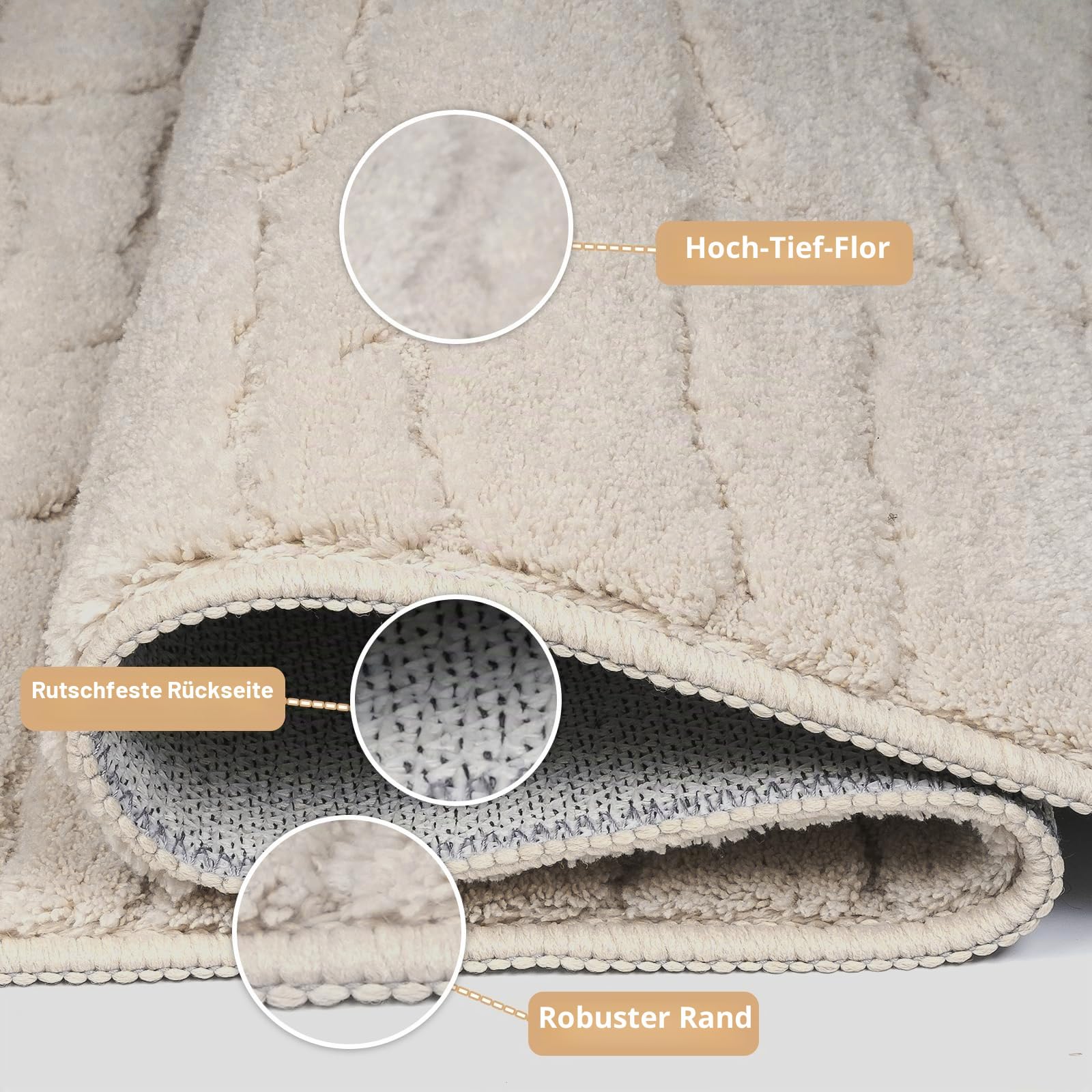 Teppich Wohnzimmer 160x230cm Waschbarer rutschfeste Kurzflor Moderner Bodenmatte 3D Effekt Teppiche für Bereich Schlafzimmer Büro Esszimmer Küche Kinderzimmer, Beige