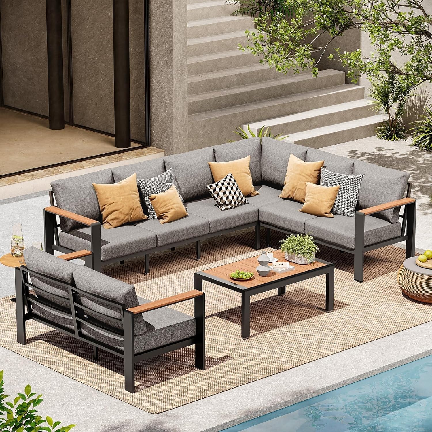 Aluminum Outdoor Patio Furniture Set 8 Seats Sectional Corner Sofa Patio Conversation Set with Coffee Table Washable Cushions Furniture Sets for Porch Balcony Deck(Graphite)