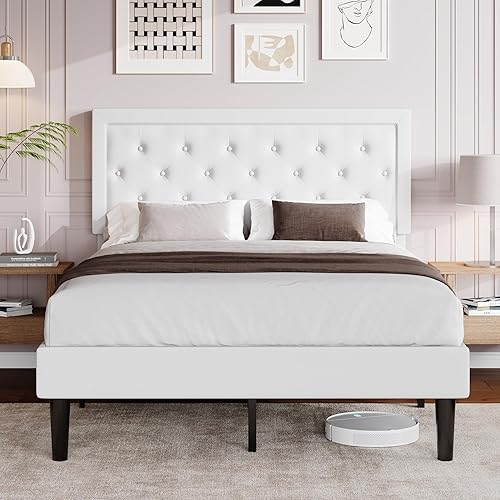 Miniatura 58 de Allewie - Base de cama copetuda, tamaño Matrimonial, con plataforma, tapizado de tela, con botones y cabecera ajustable, soporte con rejilla de Gris