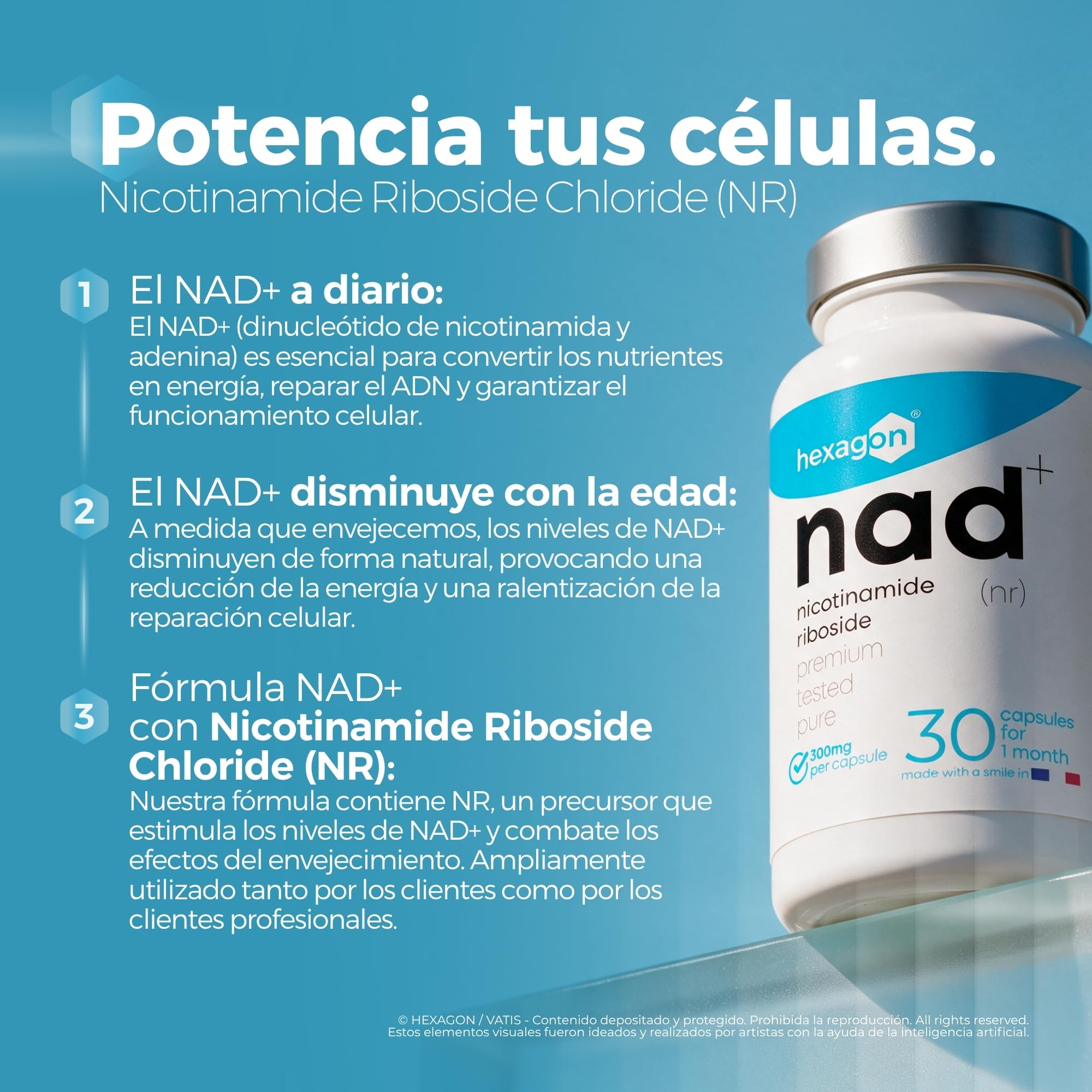 NAD+ Nicotinamide Riboside Chloride 300mg - +1 Mes de Cura - Contra la Edad y la Fatiga, NAD Booster - Polvo Puro, 30 Cápsulas - Grado Farmacéutico - Vegano - Hexagon (Paquete de 2)