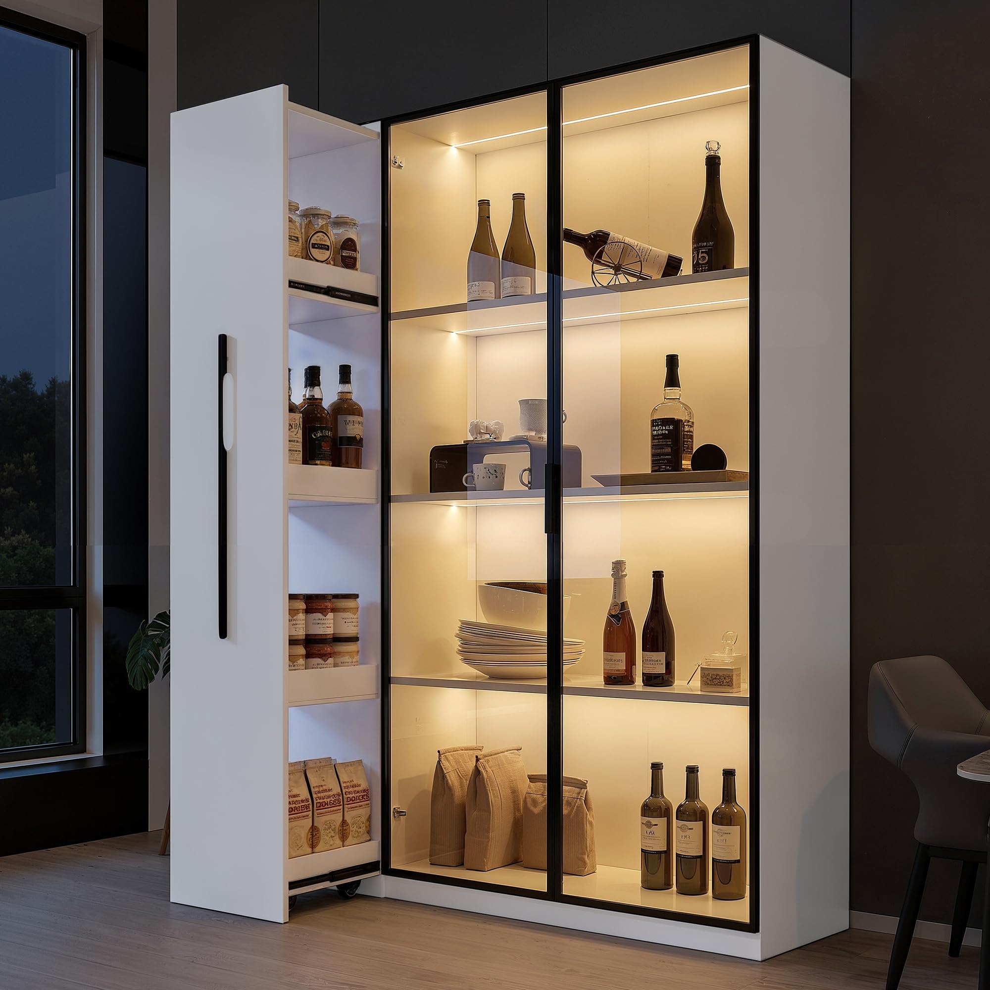 Soweiz Vetrina con ante in vetro, cassetti laterali e illuminazione a LED integrata, armadietto per vino, libreria, armadio per sala da pranzo, bianco, 110,5 x 35 x 160 cm