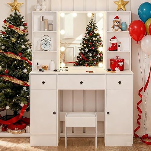 Miniatura 17 de Escritorio pequeño de tocador con espejo y luces, tocador de maquillaje con 6 cajones, 6 estantes y espejo LED deslizante, 3 modos de luz ajustable,