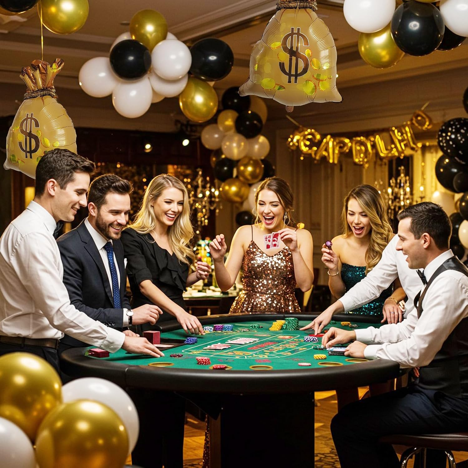 Money Balloons Party Decorations Kit 128Pcs - Giant Money Bag Balloon Garland with 32" Foil Bags & Gold Coins, Black Gold Balloon Arch for Casino Vegas Theme, Graduation 2026, Retirement Party