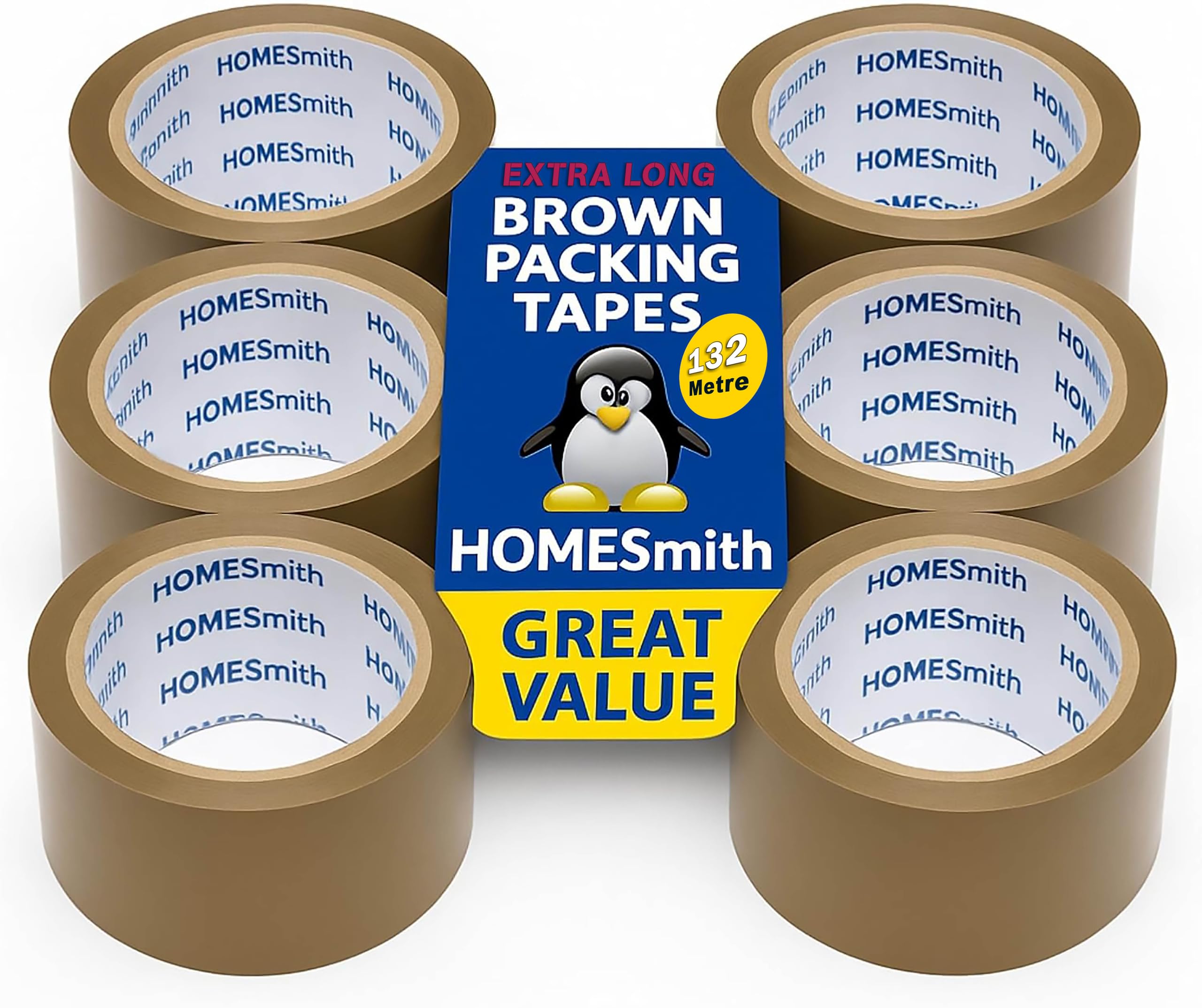 HOMESmith 12 Rolls Extra Long Brown Tape – 48mm x 132m Packing & Parcel Tape, Heavy Duty for Boxes, Moving, Office and Commercial Packaging