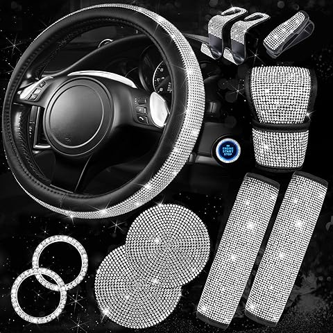 CAR PASS 11 PCS Bling Diamond Car Accessories for Women, Sparkly Rhinestone Steering Wheel Cover, Bling Seat Belt Cushion, Glitter Shift Knob Cover, Car Cup Holder Coaster, Cute Interior Sets Silver