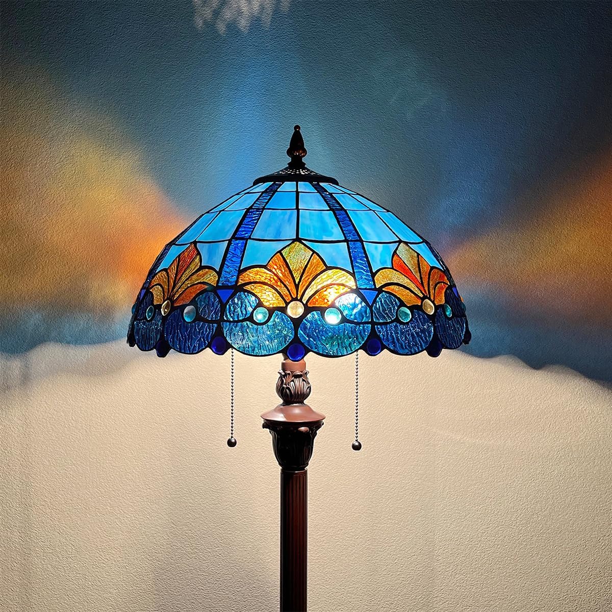 Tiffany Floor Lamp with Handcrafted Stained Glass Shade,Antique Style Tall Standing Double Pole Light for Living Room,Bedroom,Office,Decorative Lighting W16 xH62
