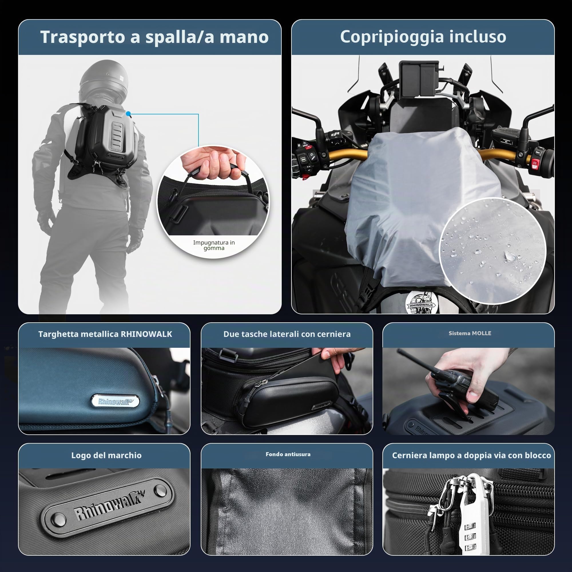 Rhinowalk YMTR3001KC, borsa serbatoio impermeabile, espandibile 15-18 l, nero carbone
