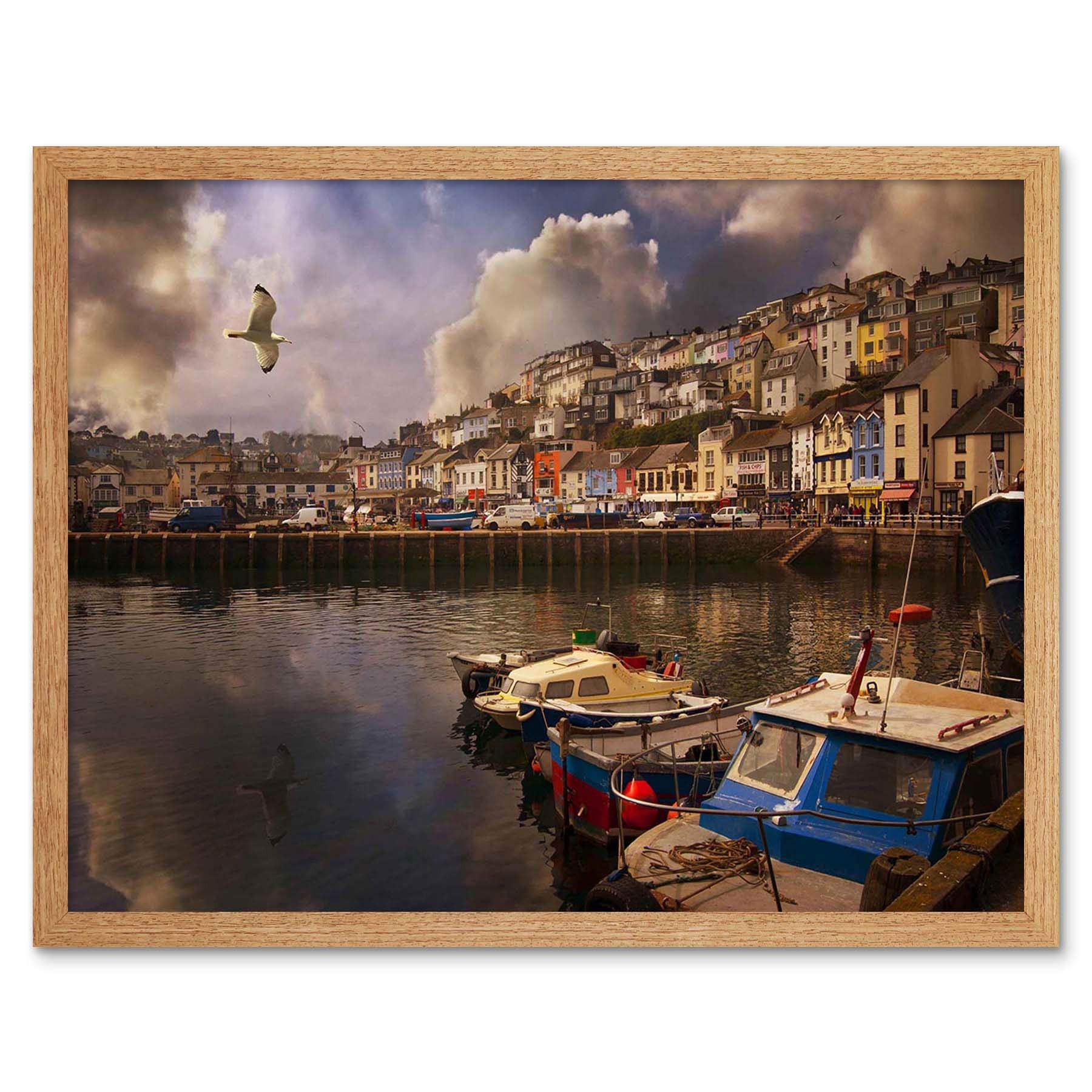 Wee Blue Coo Photography Cityscape Brixham Devon Harbour Boats Art Print Framed Poster Wall Decor 12X16 Inch