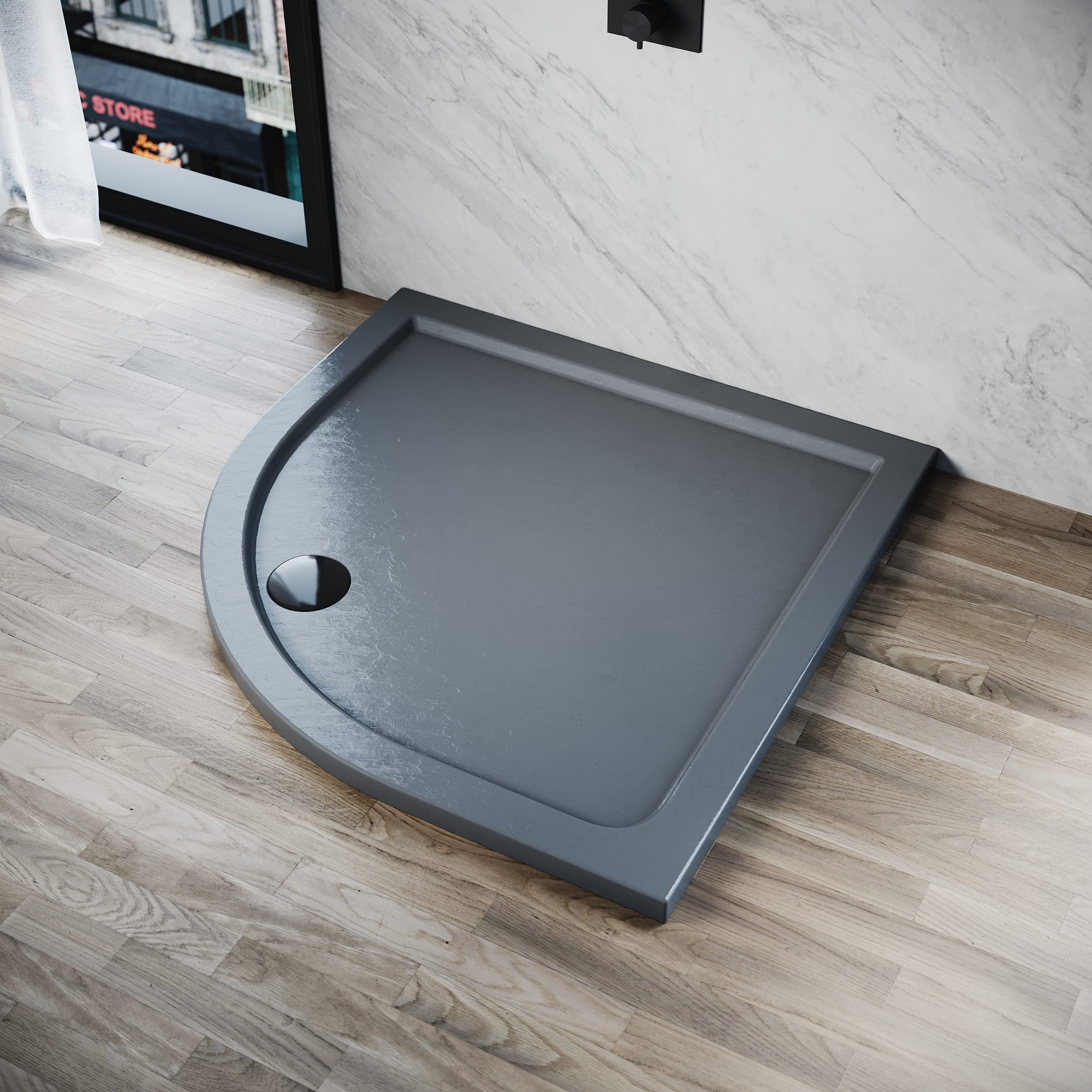 ELEGANT Grey Quadrant Stone Shower Tray for Shower Enclosure Cubicle + Waste Trap 800 x 800 x 40 mm