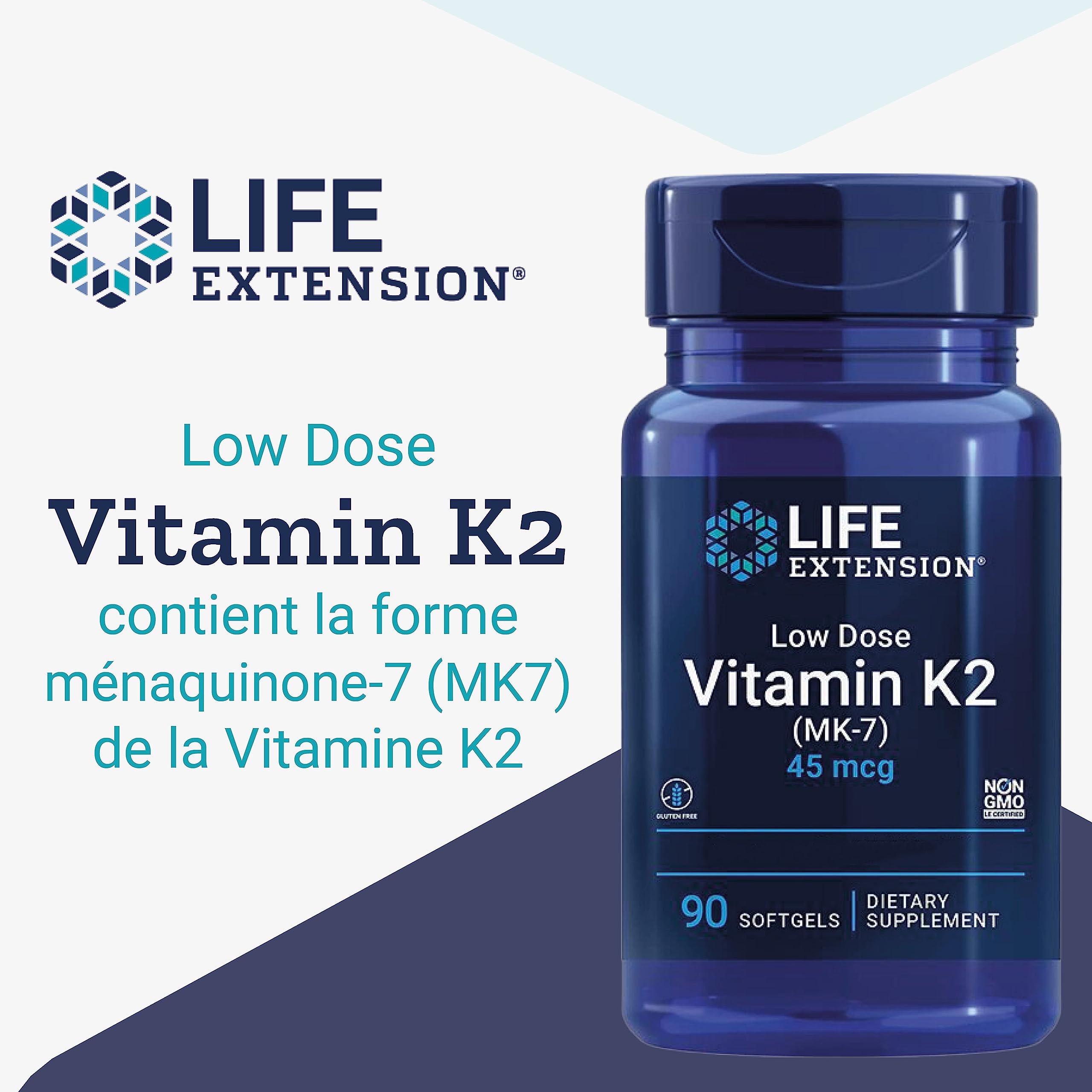 Life Extension, Low Dose Vitamine K2, avec Trans-MK-7, 45mcg, 90 Capsules molles, Sans Gluten, Sans Soja, Sans OGM