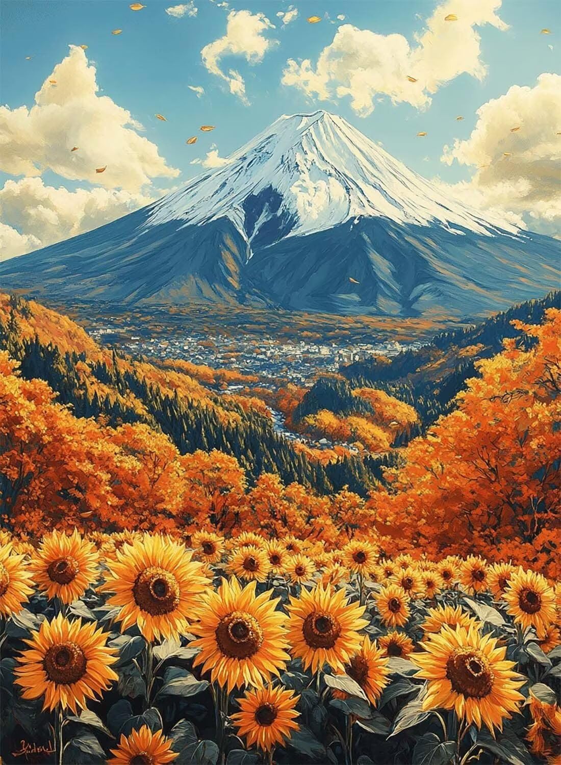 Vulkan Fuji Diamond Painting 90 x 120 cm, malowanie diamentami słonecznikowymi, dla dorosłych, dla początkujących, 5D "zrób to sam", okrągłe, pełne wiertło, mozaika, zestaw do majsterkowania, do