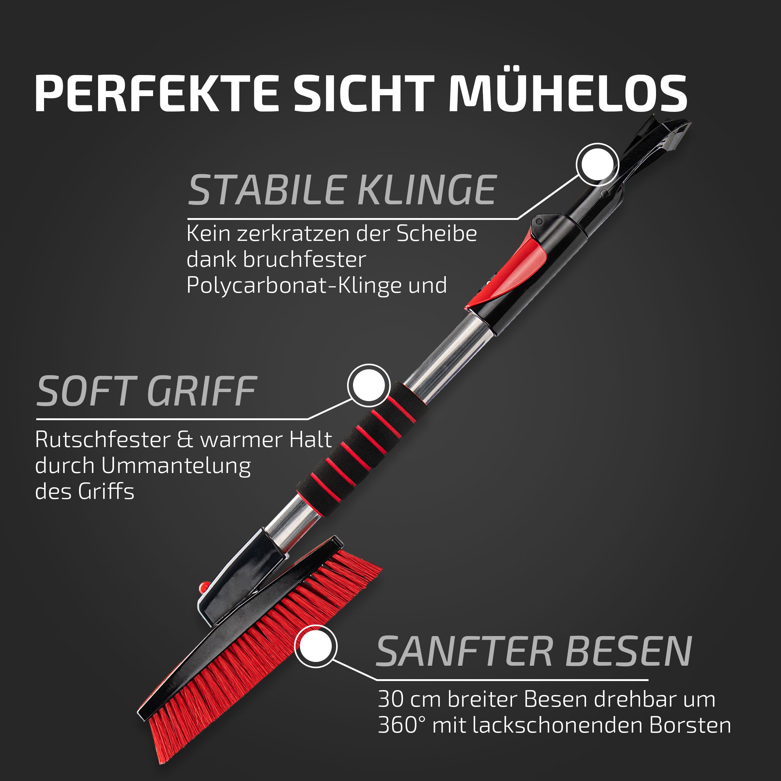 HEYNER® Eiskratzer mit Besen Scheibenkratzer mit Messingklinge, ausziehbar mit drehbarer Schneebürste