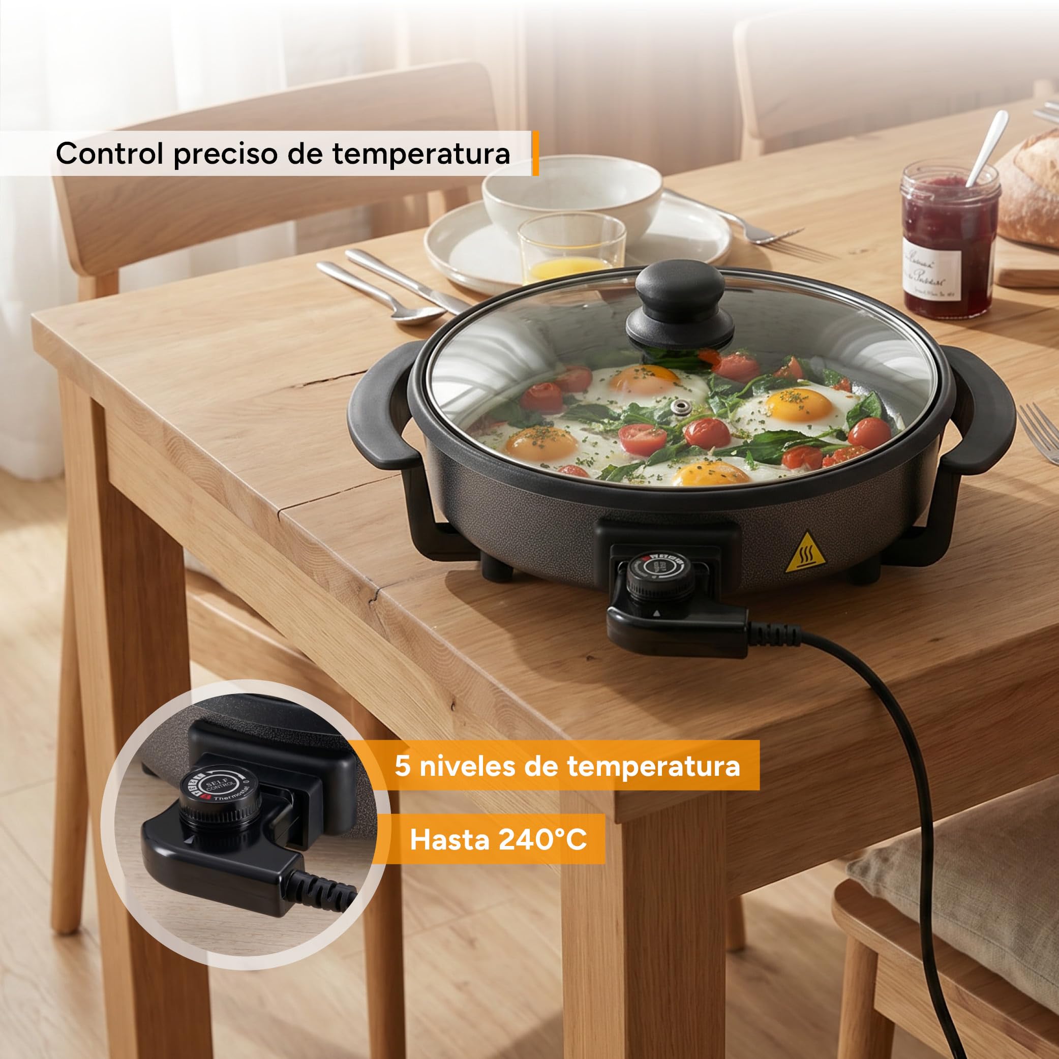 TZS First Austria - Paellera Eléctrica 1,8L - 1500W - 5 Niveles de Temperatura - Termostato, Tapa de Cristal y Antiadherente - Ø30cm Sartén Eléctrica Multifunción hasta 240°C - Gris