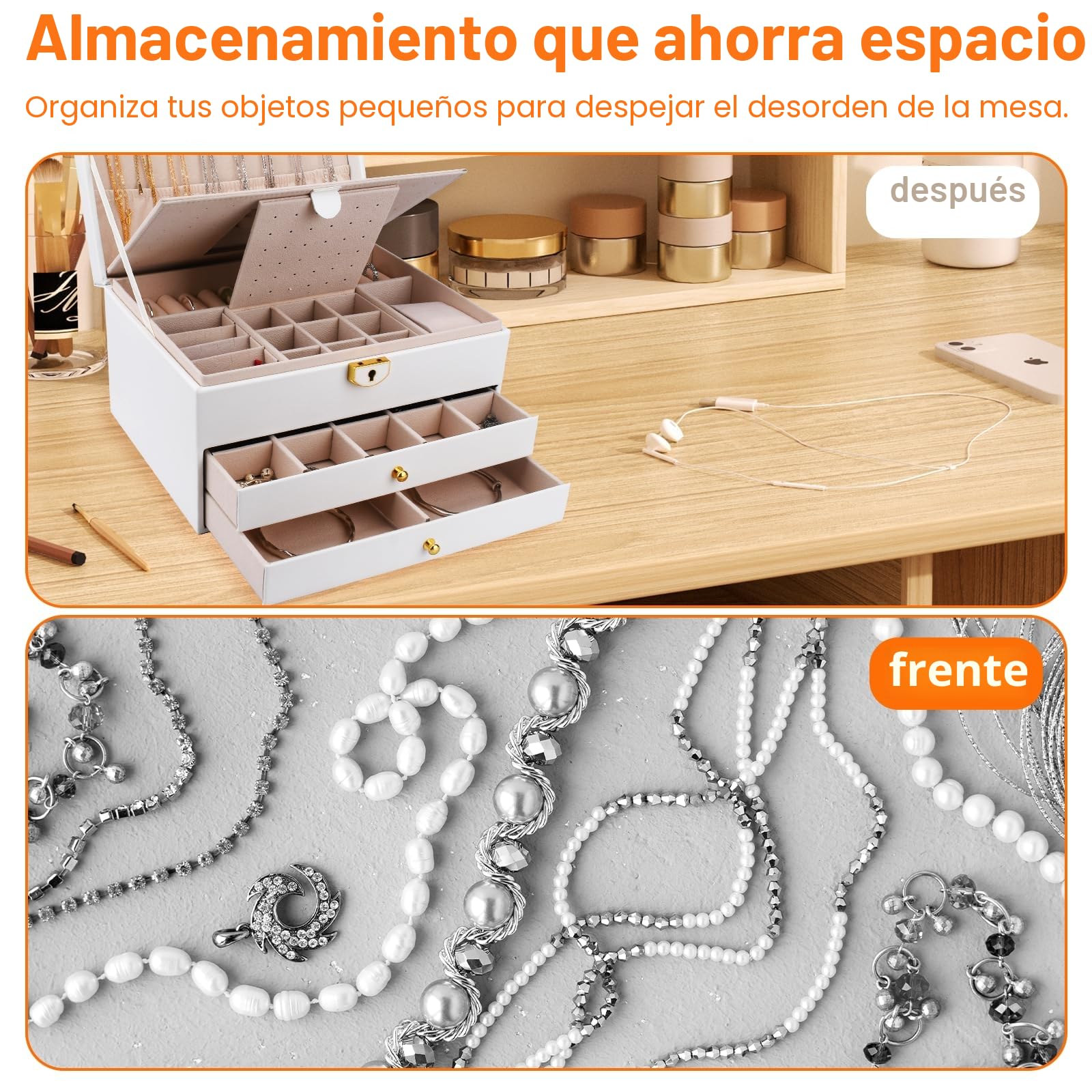Caja Joyero de 3 Niveles,Joyeros Mujer Organizador,Grande Joyero Viaje Cajones Niña,Joyero de terciopelo,con cerradura y llave,para Pulseras,Pendientes,Anillos,Collares,Relojes,Blanco