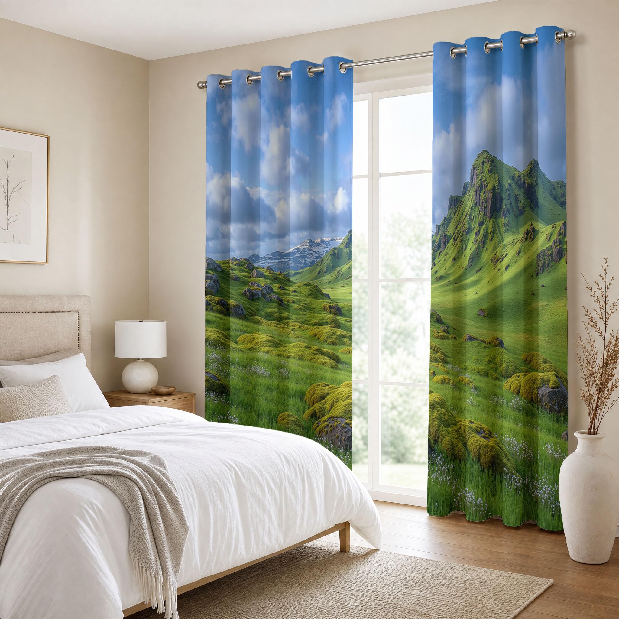 Cortinas Opacas Montañas Frescas Naturales Impresión,3D Musgo Rocas Cortinas Blackout Termicas Aislantes Frio y Calor con Ojales para Dormitorio Salon 2 Piezas 117×137cm,Verde