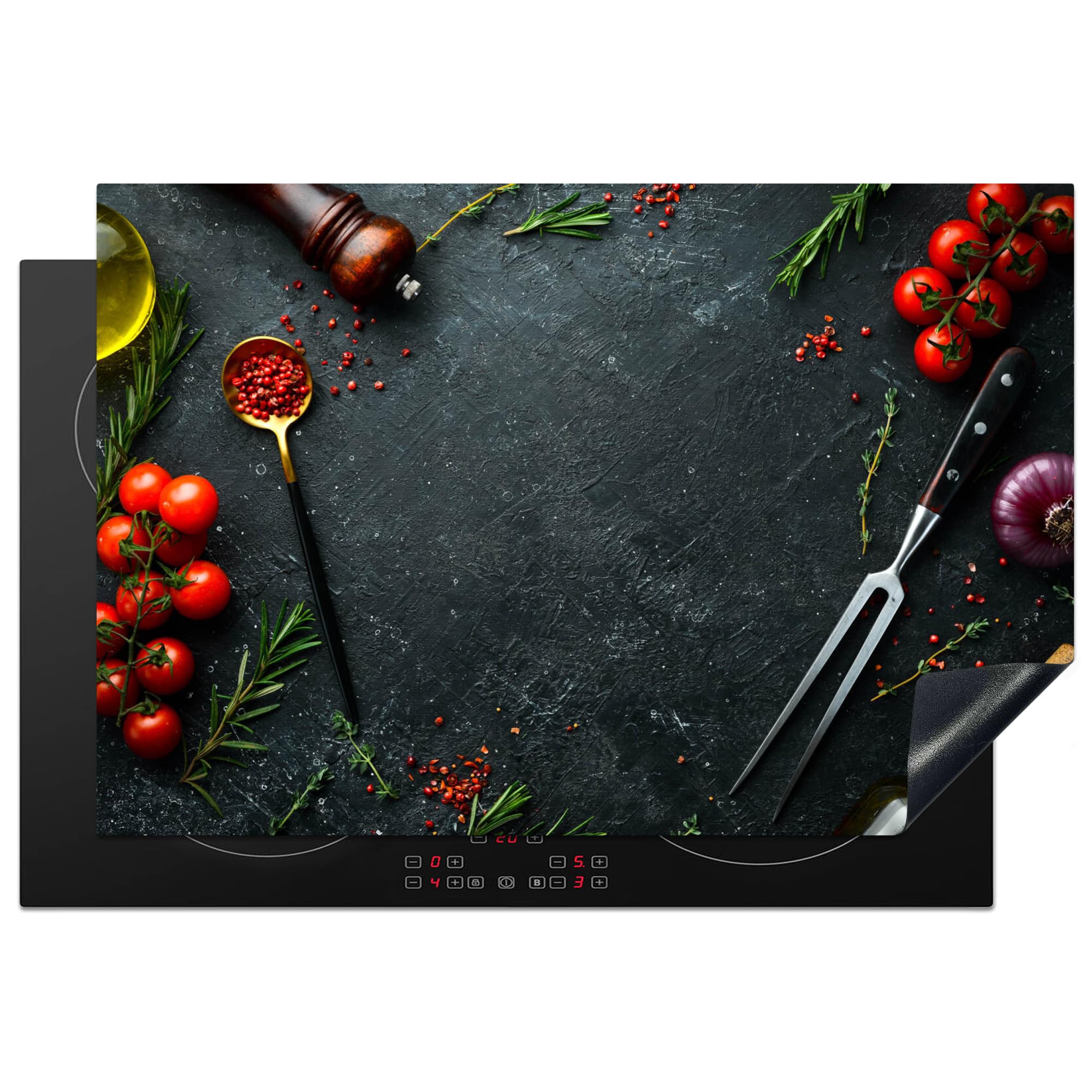 KitchenYeah© Herdabdeckplatte 78x52 cm Einteilig Herdabdeckung Abdeckplatte für Ceranfeld Abdeckung Induktionskochfeld Aufrollbare Matte Stilleben - Kräuter - Italienisch - Gewürze