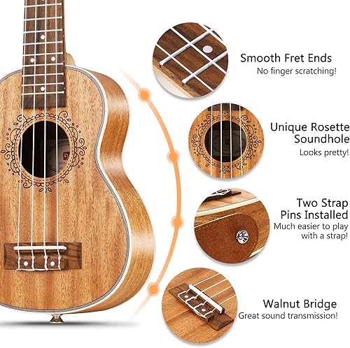 Miniatura 3 de Ukelele de caoba soprano de 21 pulgadas, ukelele acústico profesional de cuatro cuerdas de madera hawaiana Uke kit para principiantes para niños,