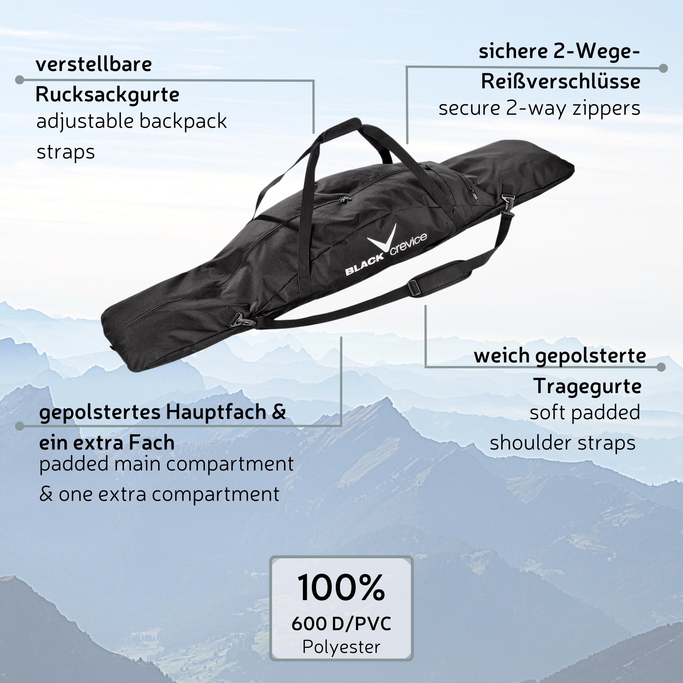 Black Crevice Snowboardtasche Powder I Snowboard-Tasche mit weiterer Außentasche I robuste Snowboard Bag mit gepolstertem Schultertragegurt & Tragegriff I Snowboad-Rucksack I 160x20x20cm