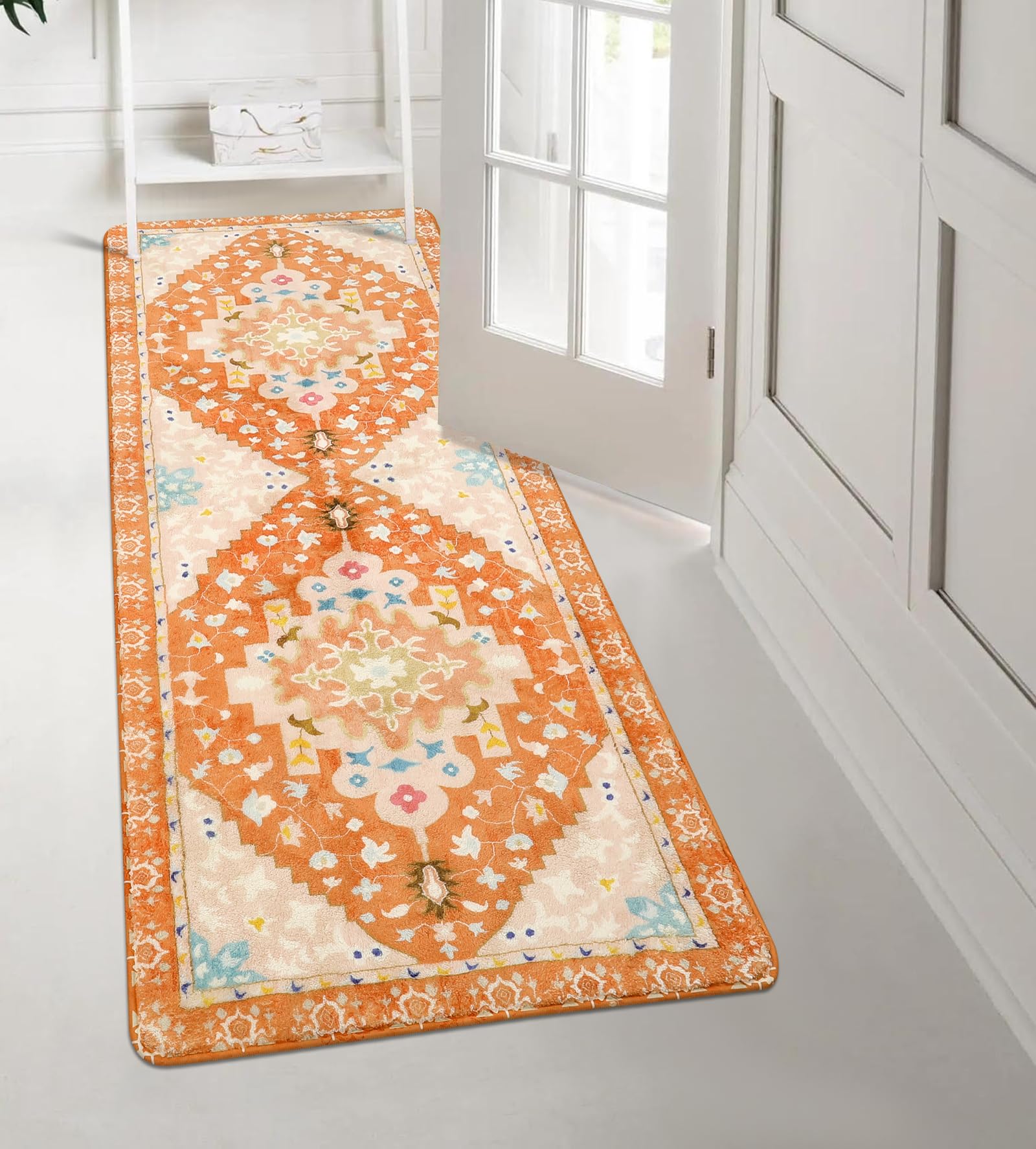 Uphome Boho Bathroom Runner Rug Orange Non-Slip Soft Bedroom Rug Machine Washable Oriental Hallway Rug Tribal Aesthetic Floral Home Decor Floor Mats