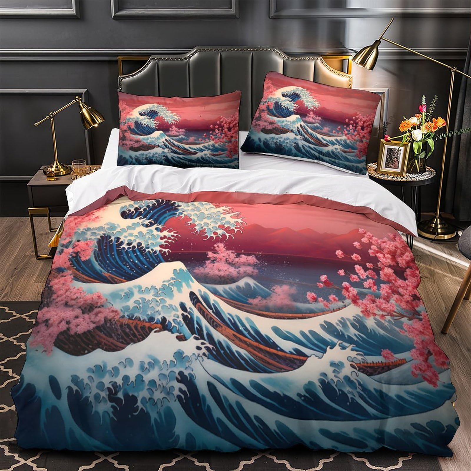 Housse de couette ukiyo-e japonais 135x200cm en microfibre douce avec fermeture éclair pour lit simple