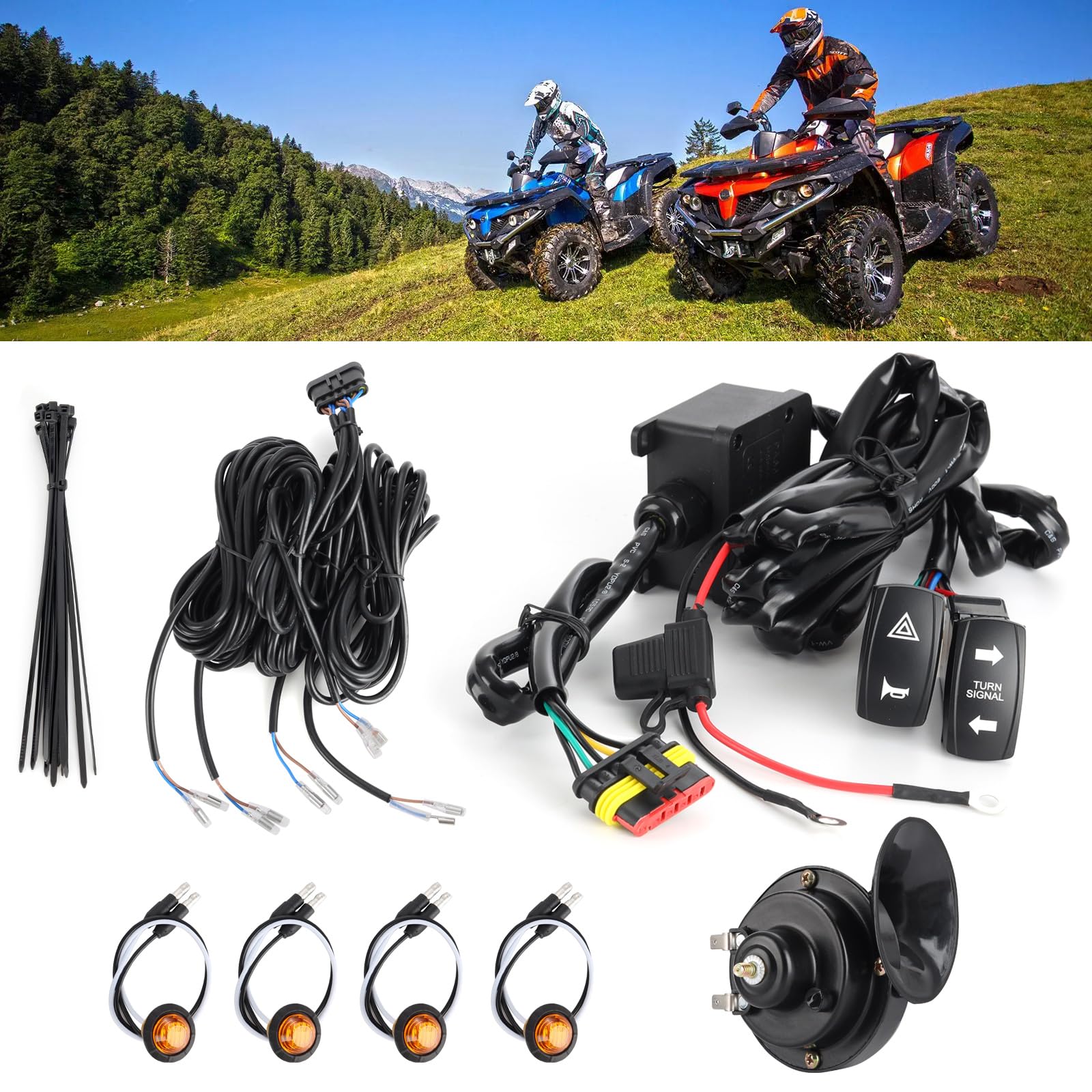 RUPSE UTV Turn Signal Kit - Universal ATV/UTV Blinker Kit with 110dB Horn, Rocker Switch, Plug & Play - Compatible with Polaris, Can-Am, Kawasaki, Arctic Cat, CFMOTO, Pioneer