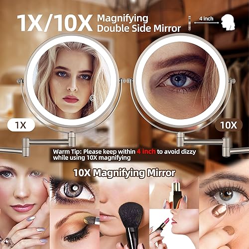 Miniatura 10 de Espejo de maquillaje iluminado de pared de 9 pulgadas con aumento, espejo de tocador con aumento 1X10X con iluminación regulable de 3 colores,
