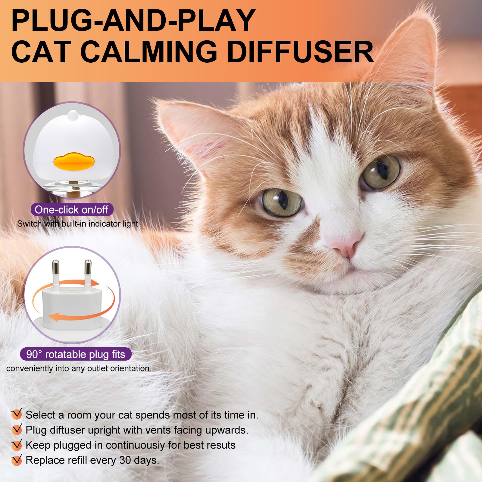 Ensemble diffuseur de phéromones apaisantes pour chat – 4 recharges de 48 ml + 1 diffuseur | Solution anti-stress pour chats | Soulage l'anxiété et favorise le calme (jaune, S)