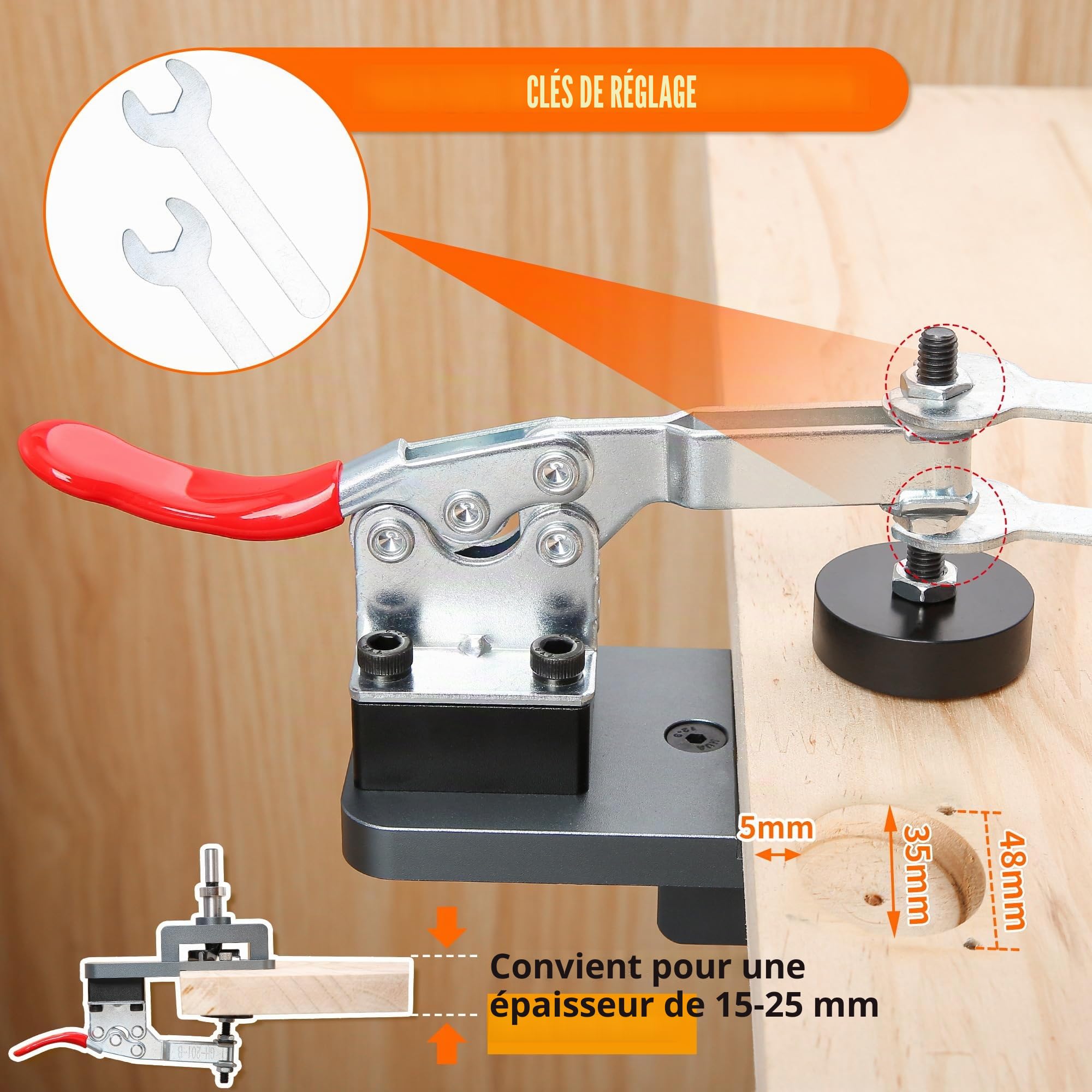 Gabarit de charnière en métal dissimulé de 35 mm avec pince rapide, perforateur de trou de perçage précis, outil professionnel de travail du bois pour montage de charnière de porte d'armoire