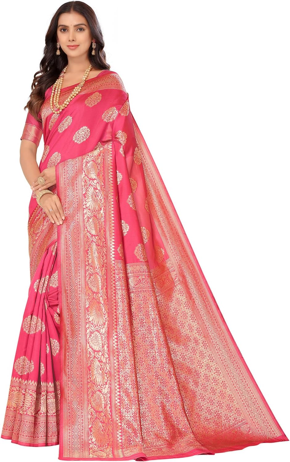 leeza storeWomen's Jacquard Banarasi Kanjivaram || Kanchipuram Silk Blend Golden Zari Butta Ethnic Motif Woven Saree With Blouse Piece
