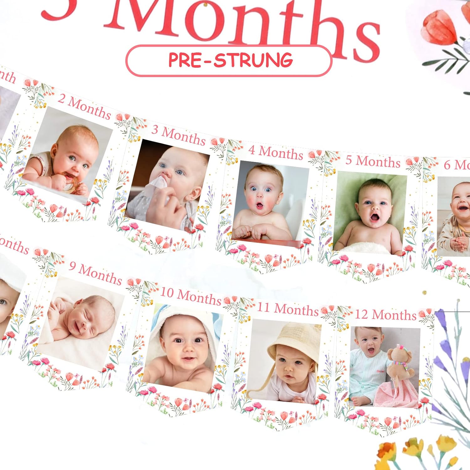 Wildflower Theme 1st Birthday Photo Banner from Newborn to 12 Months for Girls, Growth Record Monthly Milestone Picture Banner First Birthday Party Decorations for 1 Year Old Girl - Image 5
