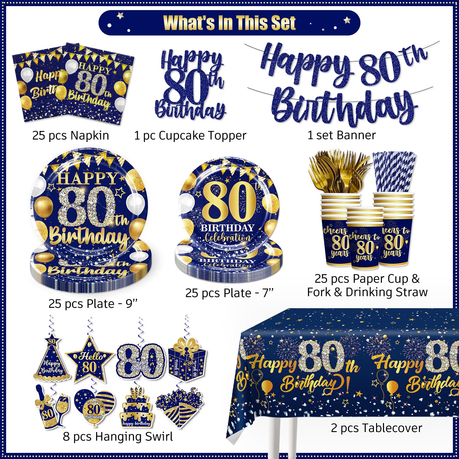 169pcs 80th Birthday Decorations Tableware Set with Plates, Napkins, Cups, and Tablecloth Set, Banner, Hanging Swirls 80th Birthday Decorations for Men, Gold and Blue Cheers to 80 Years for 25 Guests